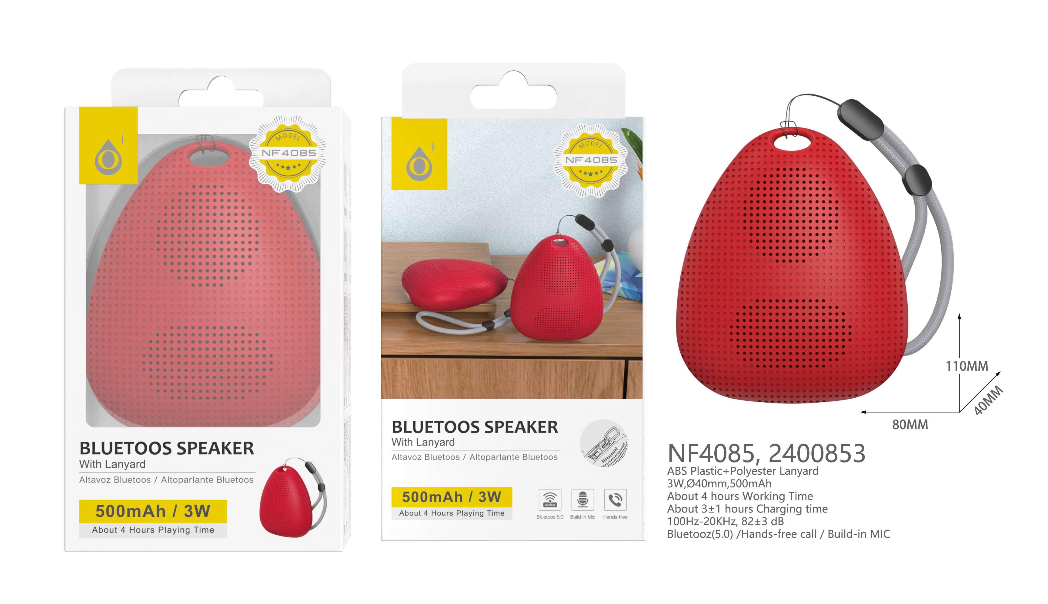 NF4085  RJ Altavoz Blutooth 5.0 con Mano libre  ,Bateria 500mAh/3W, Rojo