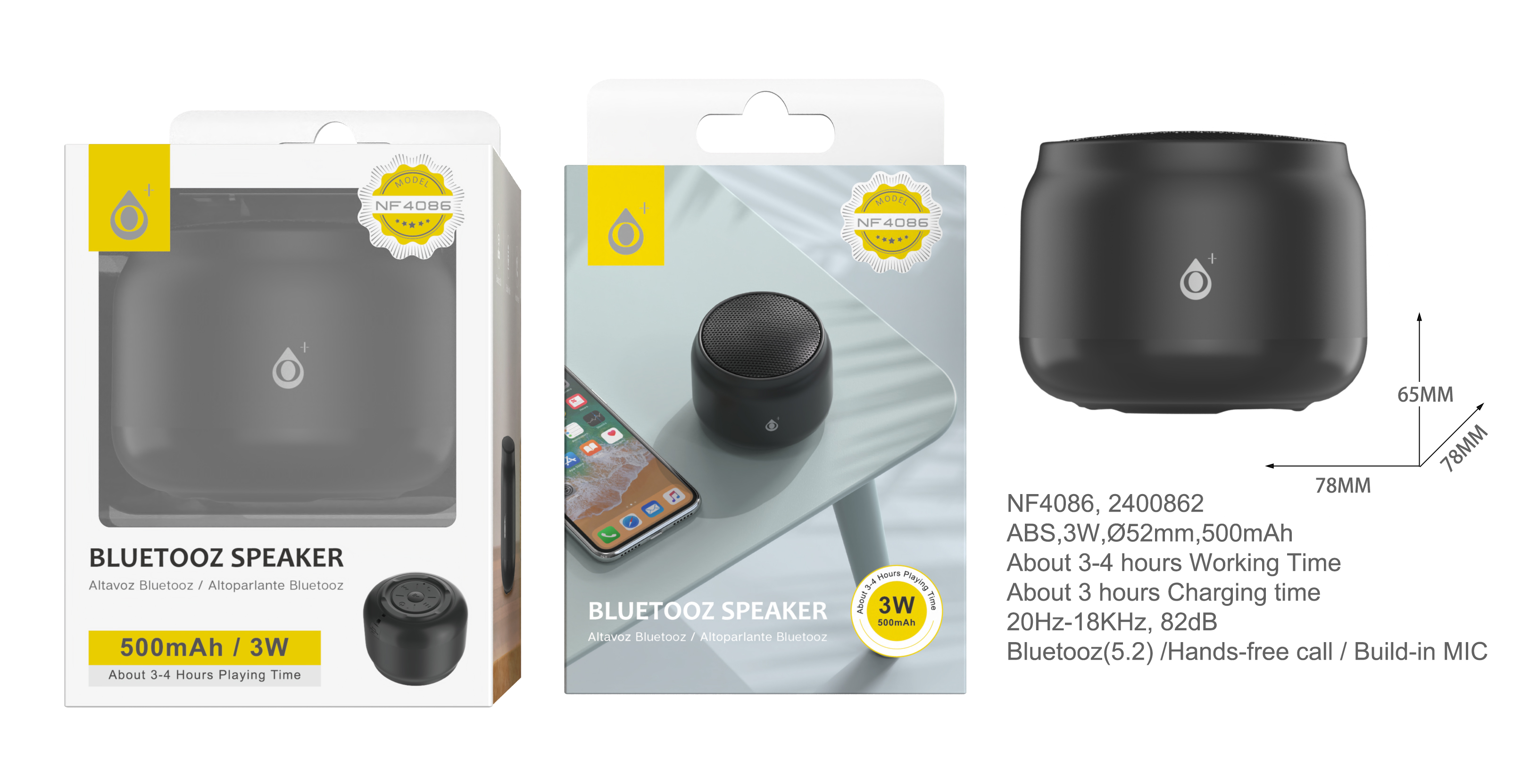 NF4086  NE  Mini Altavoz Blutooth 5.2 con Mano libre  ,Bateria 500mAh/3W, Negro