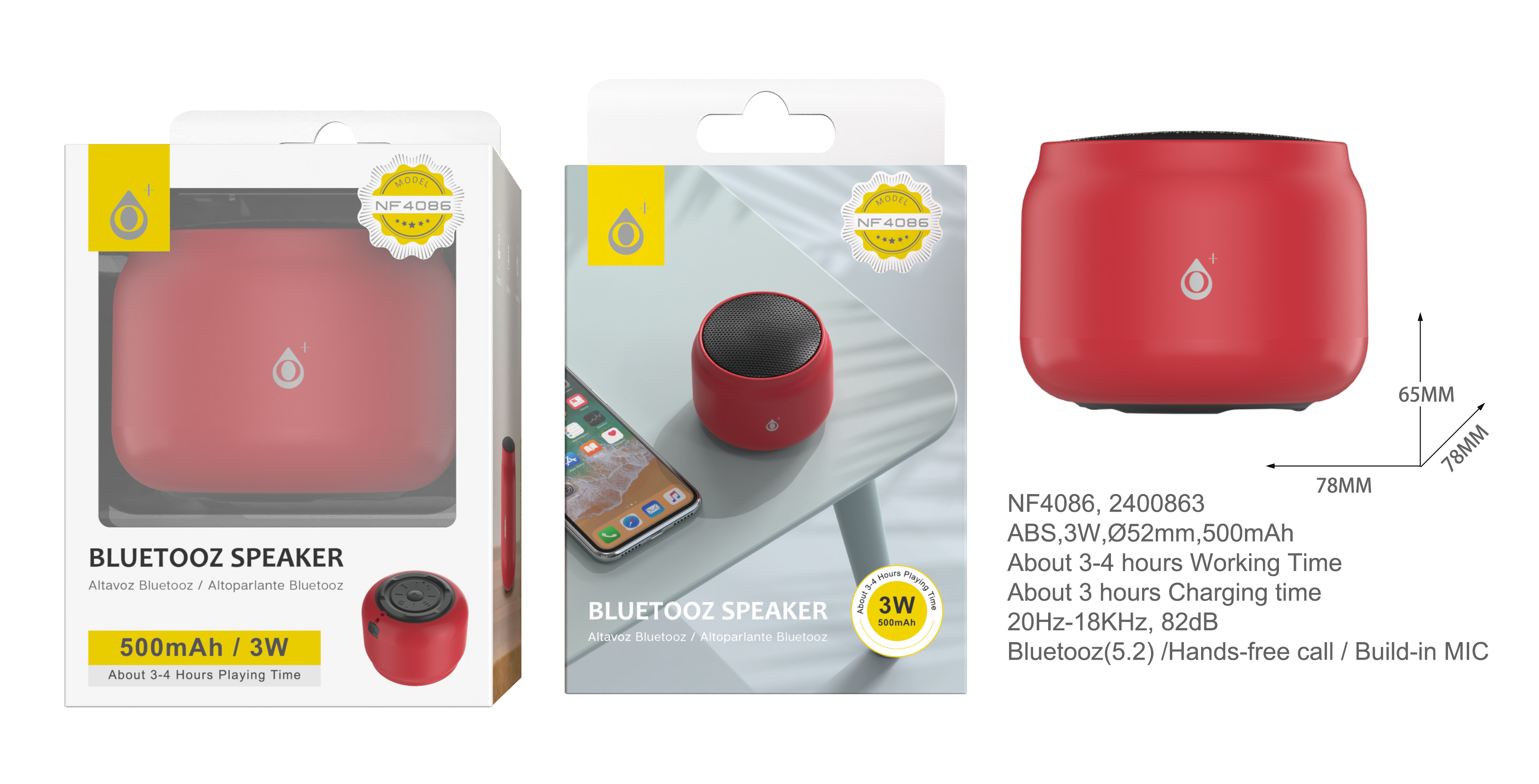 NF4086  RJ  Mini Altavoz Blutooth 5.2 con Mano libre  ,Bateria 500mAh/3W, Rojo