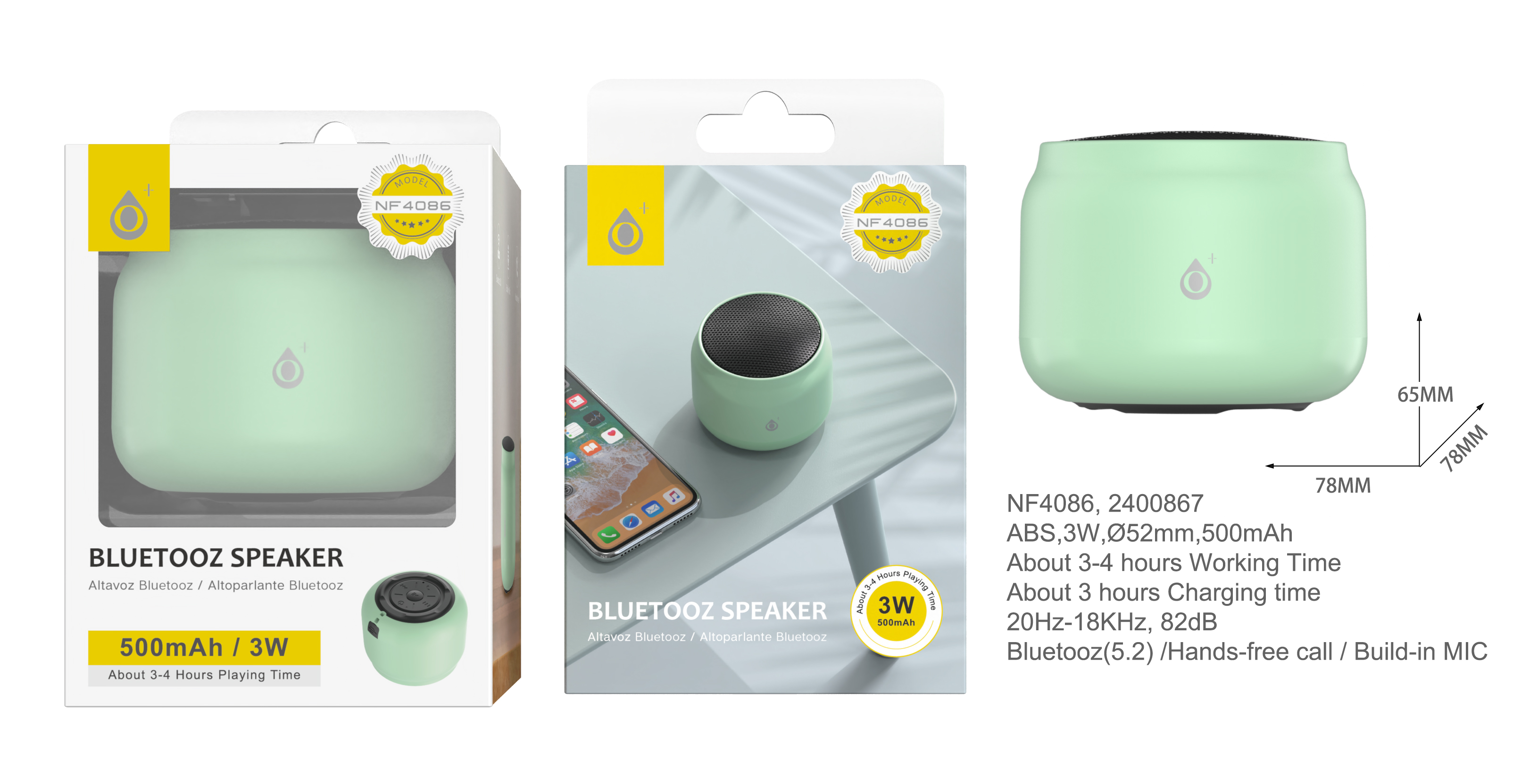 NF4086  VE  Mini Altavoz Blutooth 5.2 con Mano libre  ,Bateria 500mAh/3W, Verde