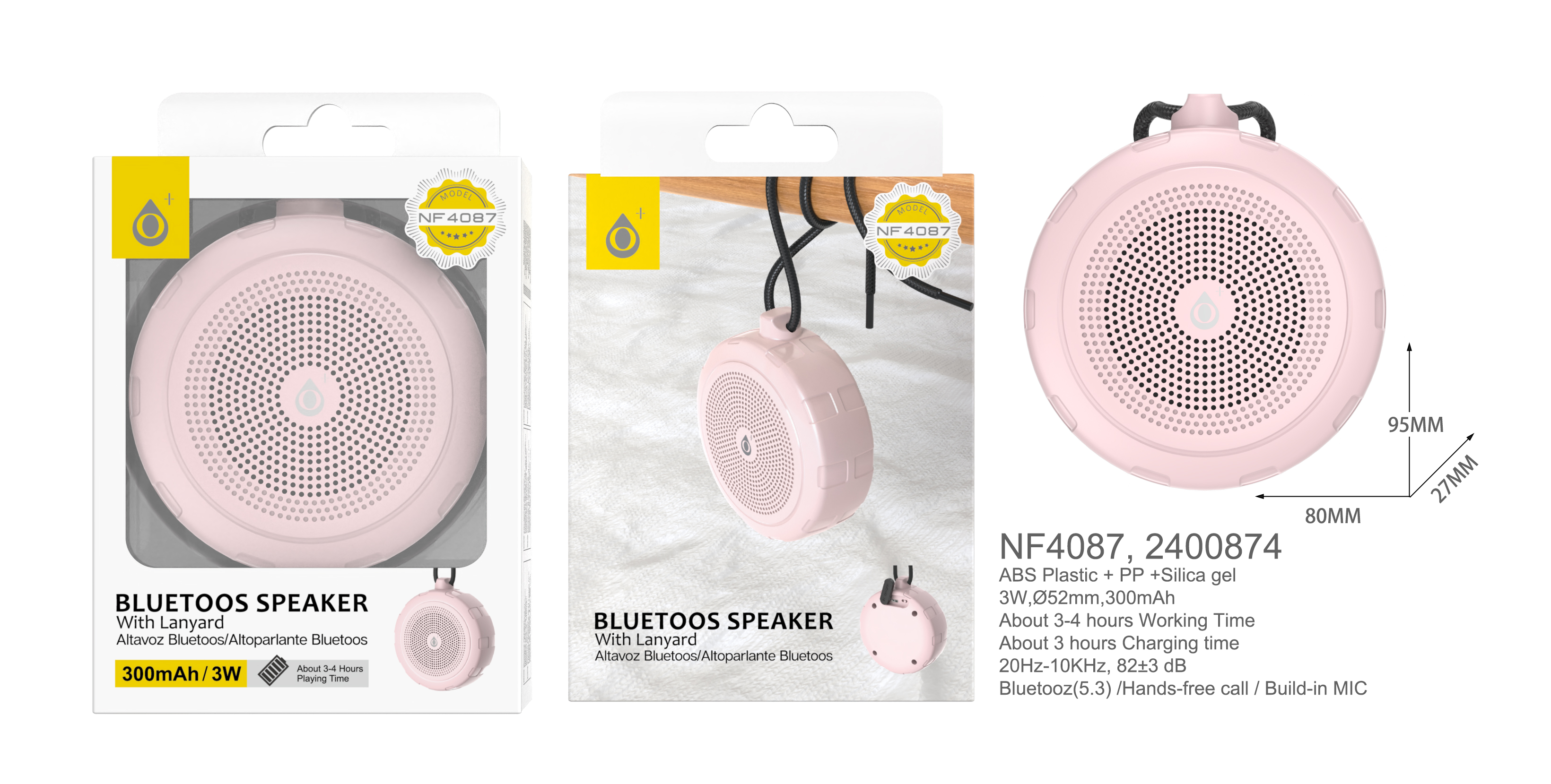 NF4087  RS  Mini Altavoz Blutooth 5.3 con Mano libre  ,Bateria 300mAh/3W, Rosa