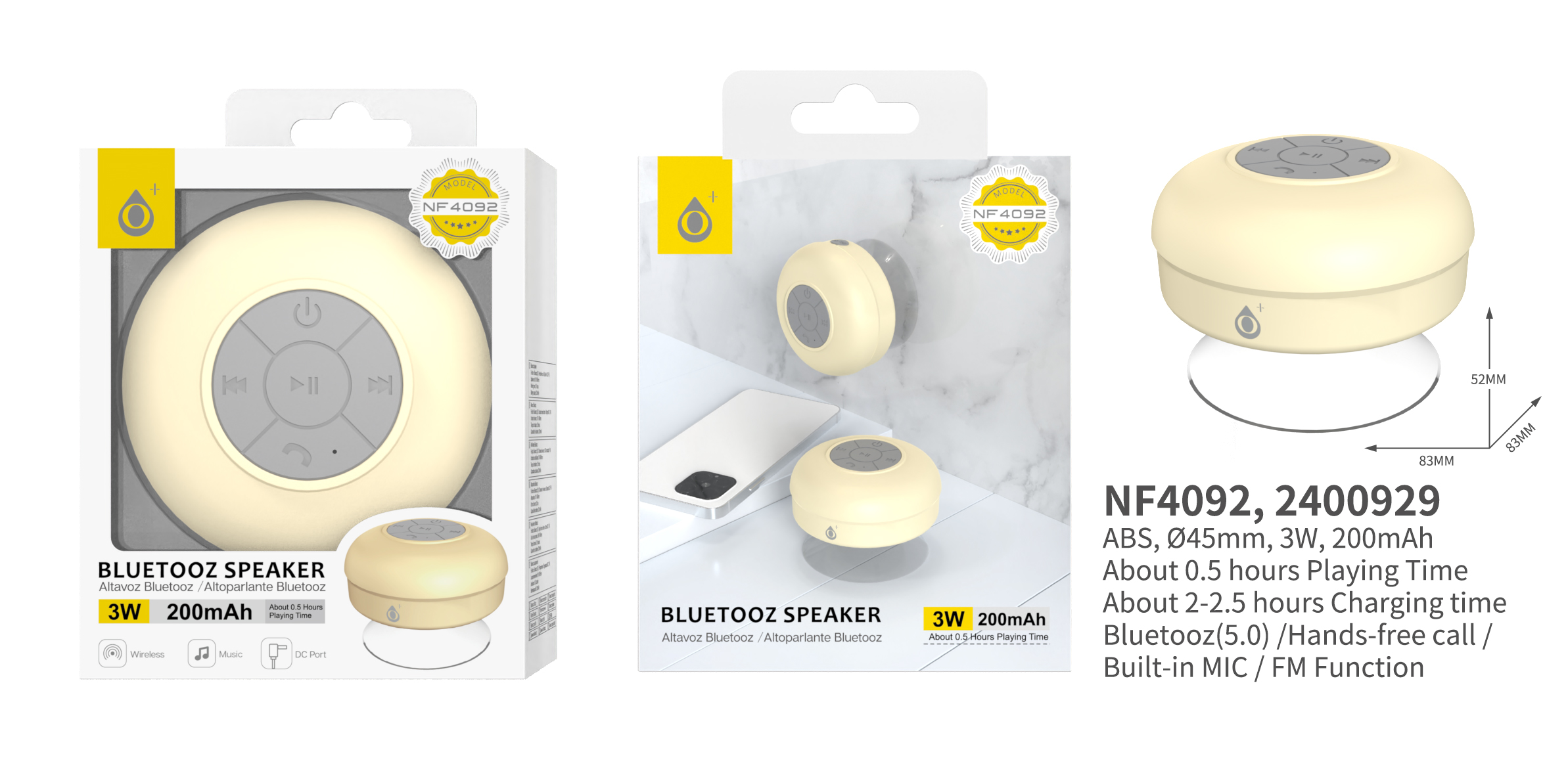 NF4092 AM Mini Altavoz Bluetooth 5.0 , Soporta Mano libre/Entrada de microfono/FM, 3W/200mAh, Amaril