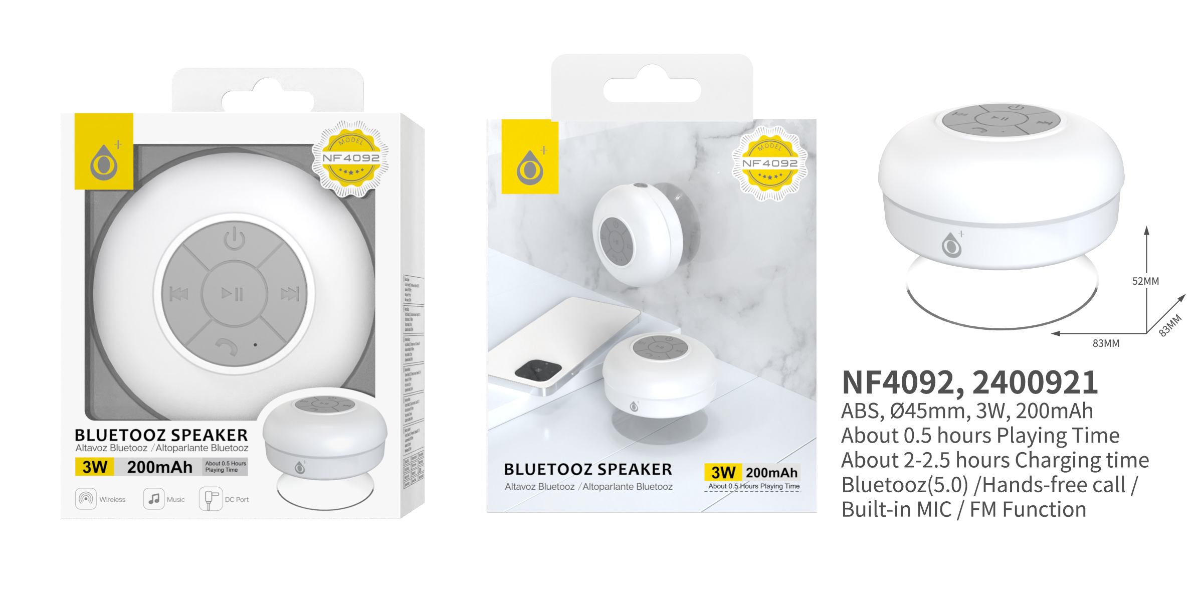 NF4092 BL Mini Altavoz Bluetooth 5.0 , Soporta Mano libre/Entrada de microfono/FM, 3W/200mAh, Blanco