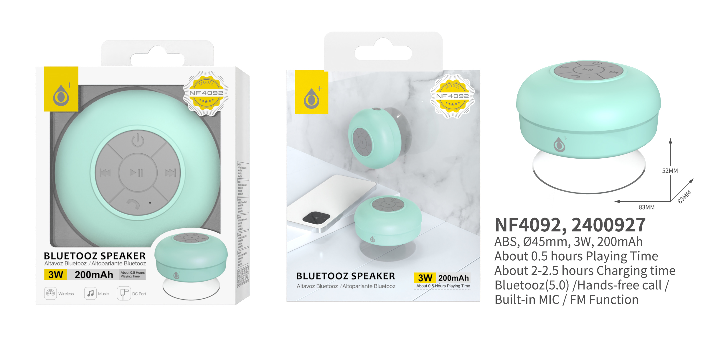 NF4092 VE Mini Altavoz Bluetooth 5.0 , Soporta Mano libre/Entrada de microfono/FM, 3W/200mAh, Verde