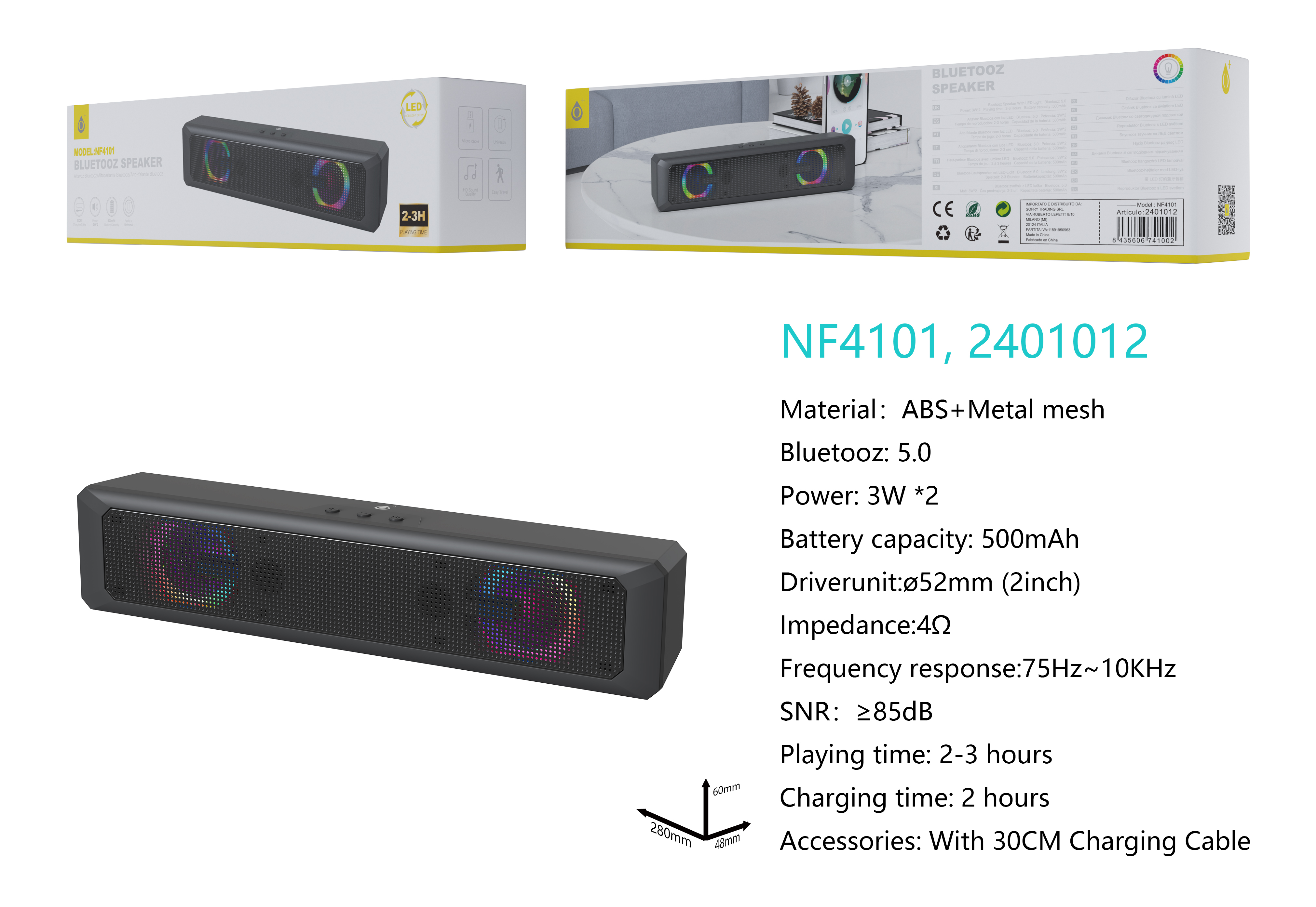 NF4101 NE Altavoz  Bluetooth 5.0 Con Luz LED, Bateria 500mAh/3W*2, Negro