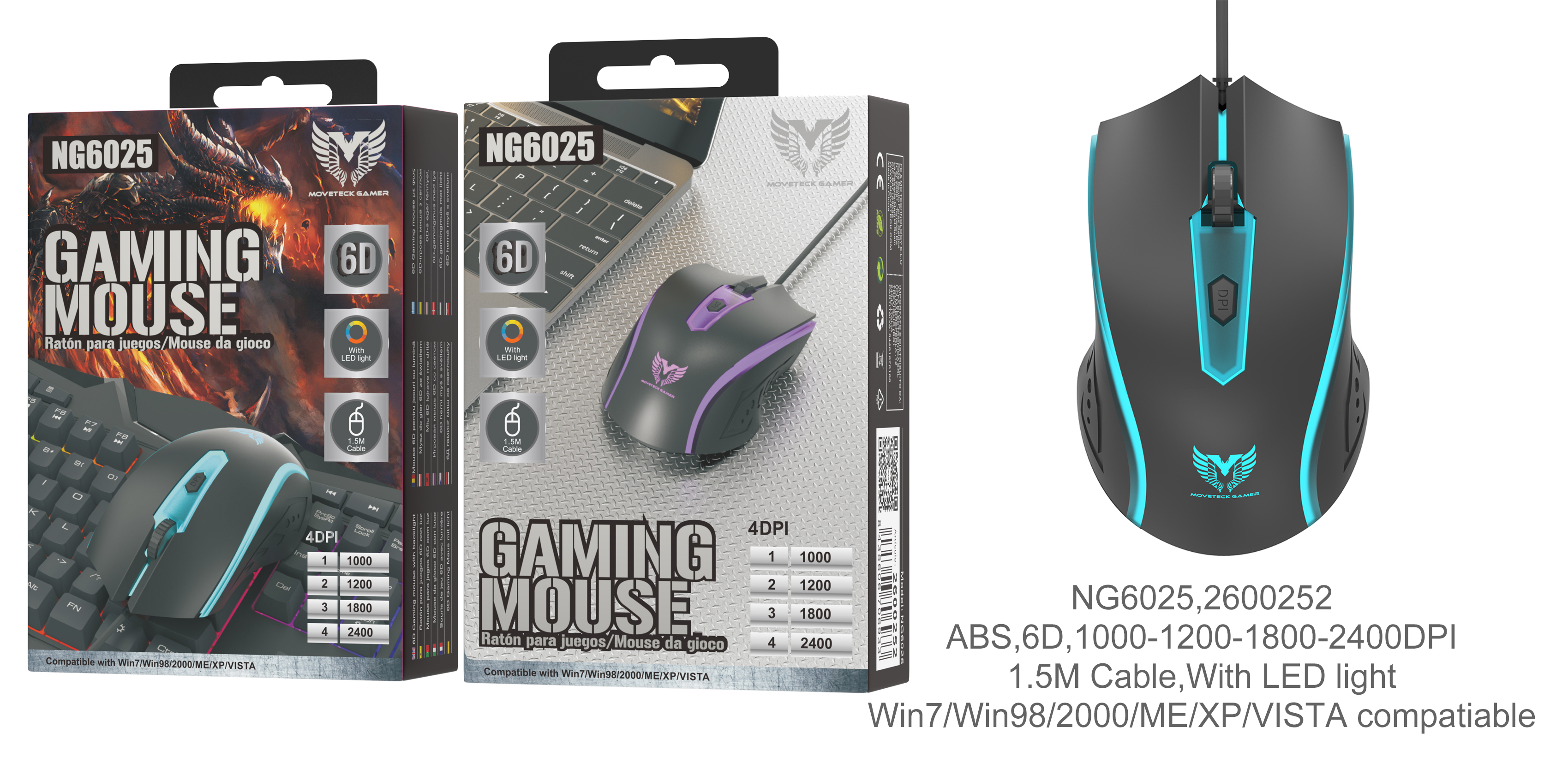 NG6025 NE Raton Gaming 6D con cable 1.5M, DPI 1000-1200-1600-2400, Luz RGB, Negro