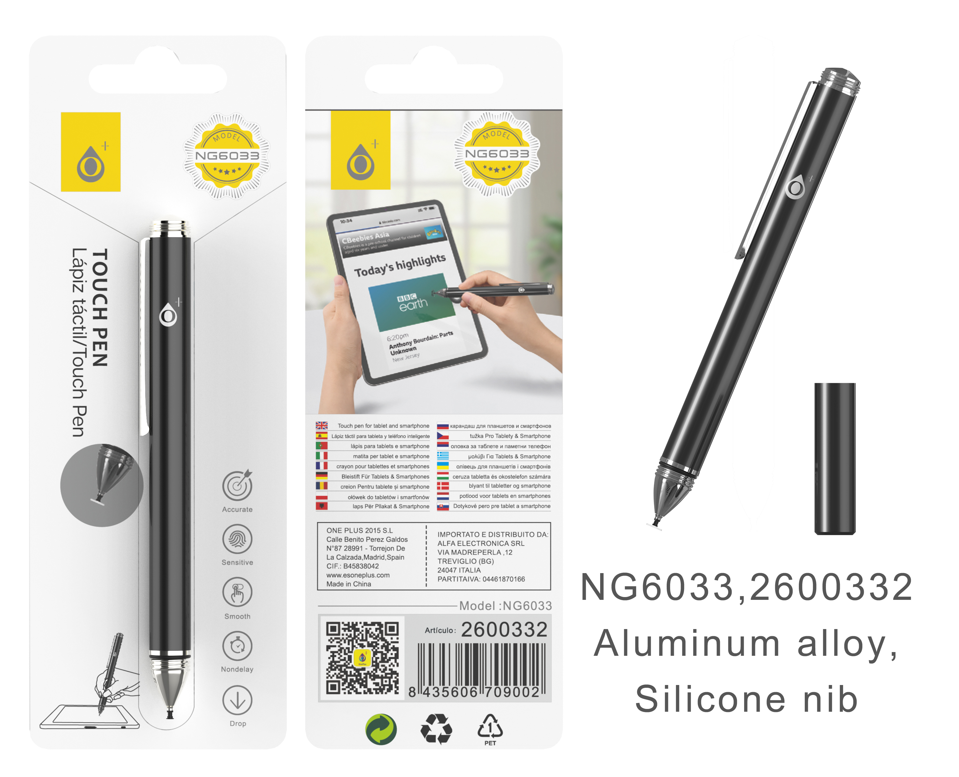 NG6033 NE Puntero Aluminio Fino con Punta de Disc Silicona para Moviles y Tablets, Negro