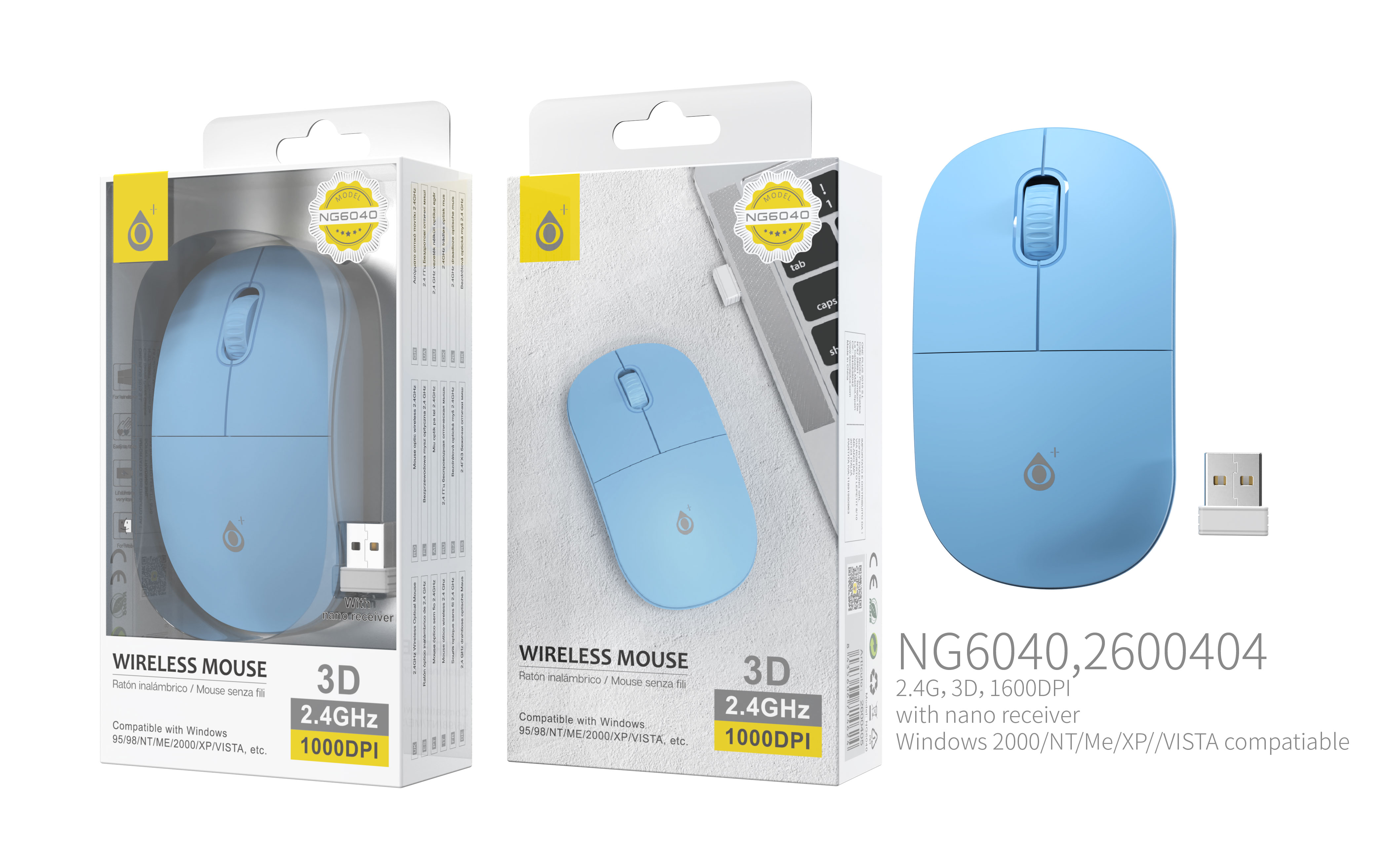 NG6040 AZ Ratón Inalámbrico Rubber, 2.4GHz, con nano receptor, 1000 DPI, Blue