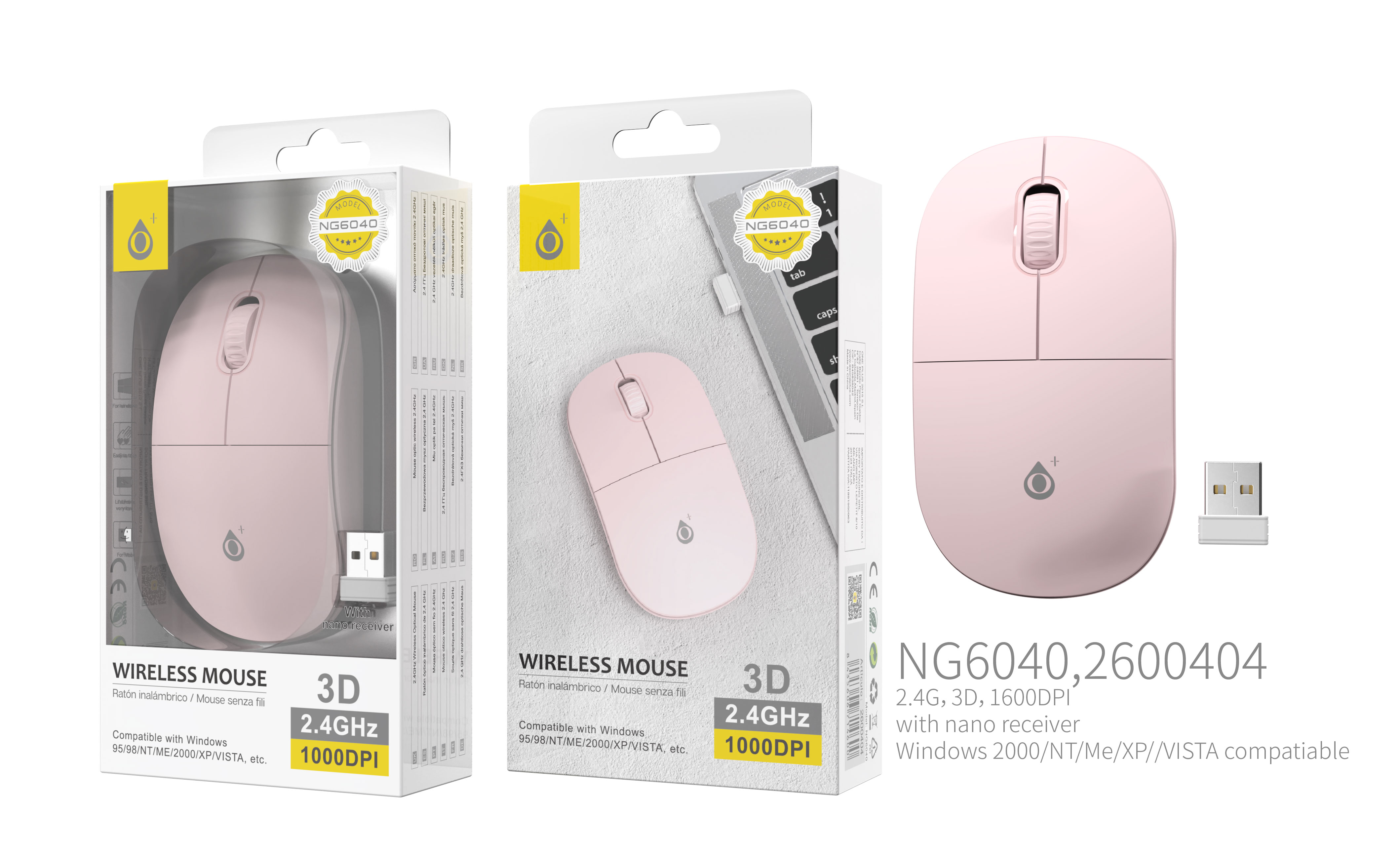 NG6040 RS Ratón Inalámbrico Rubber, 2.4GHz, con nano receptor, 1000 DPI, Rosa