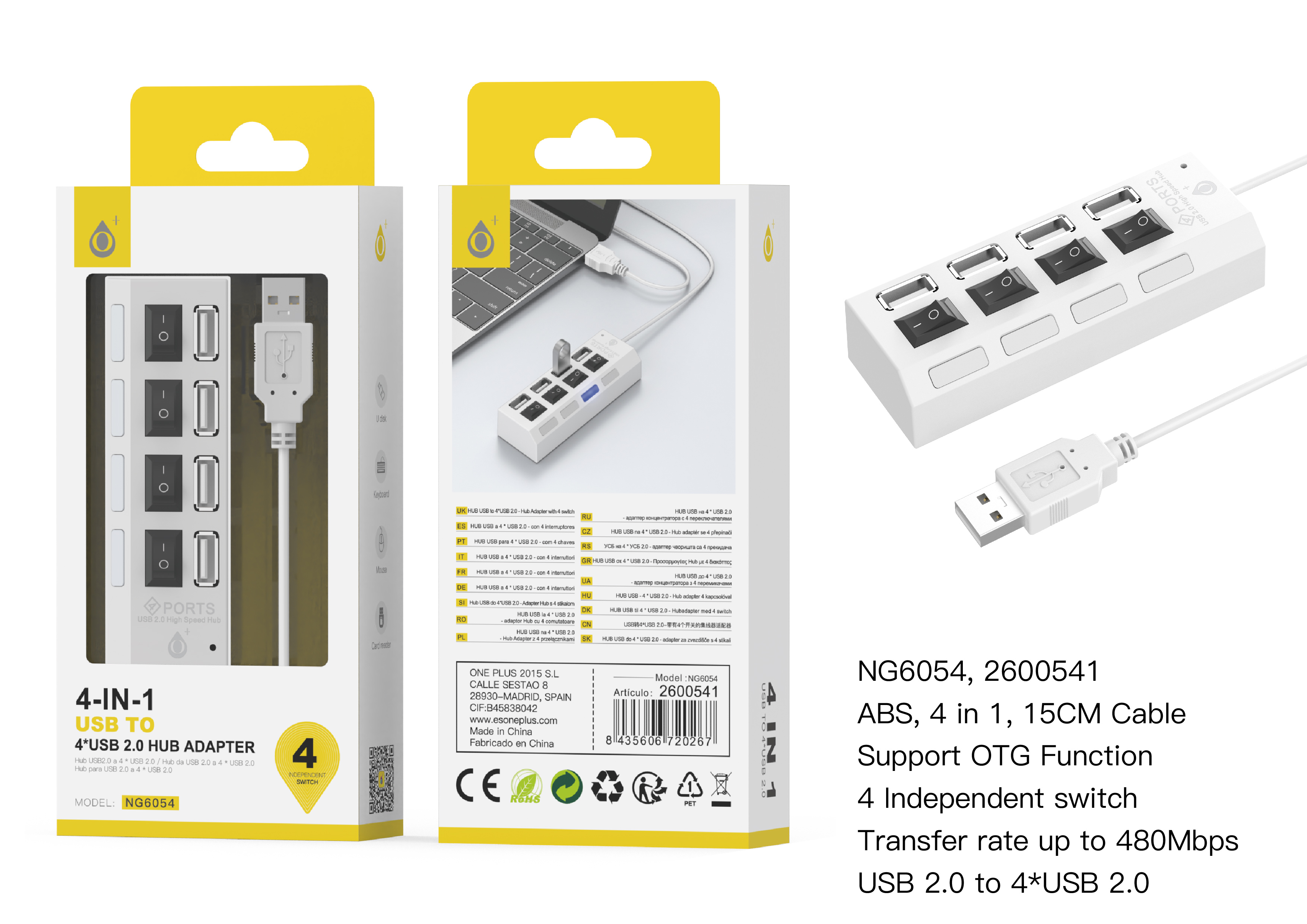 NG6054 BL lector USB Hub con 4 entrada USB Con Interruptor ON/OFF  ,Blanco