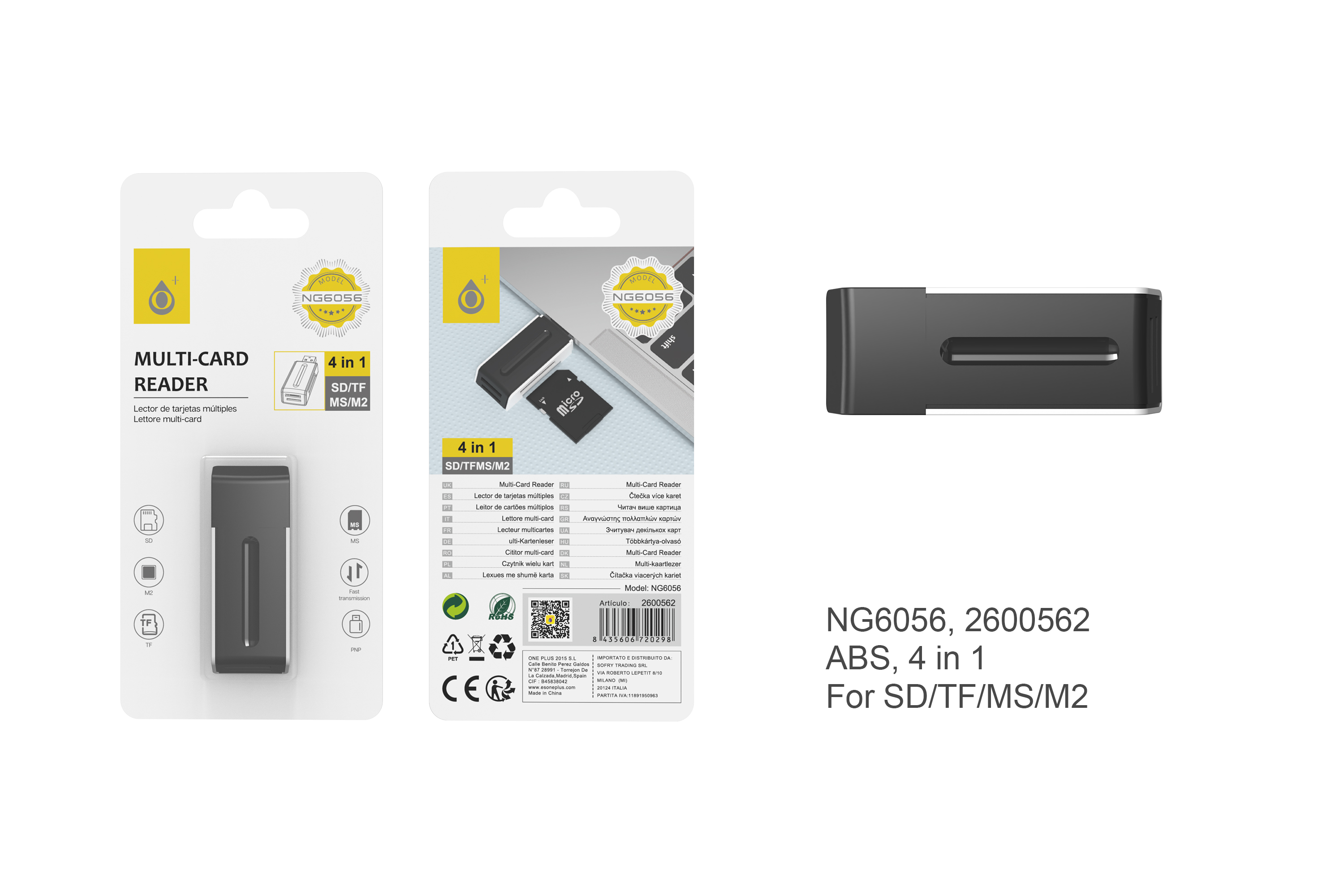 NG6056 NE Lector Multiple de Tarjetas USB,  4 EN 1, SD/TF/MS/M2,Negro