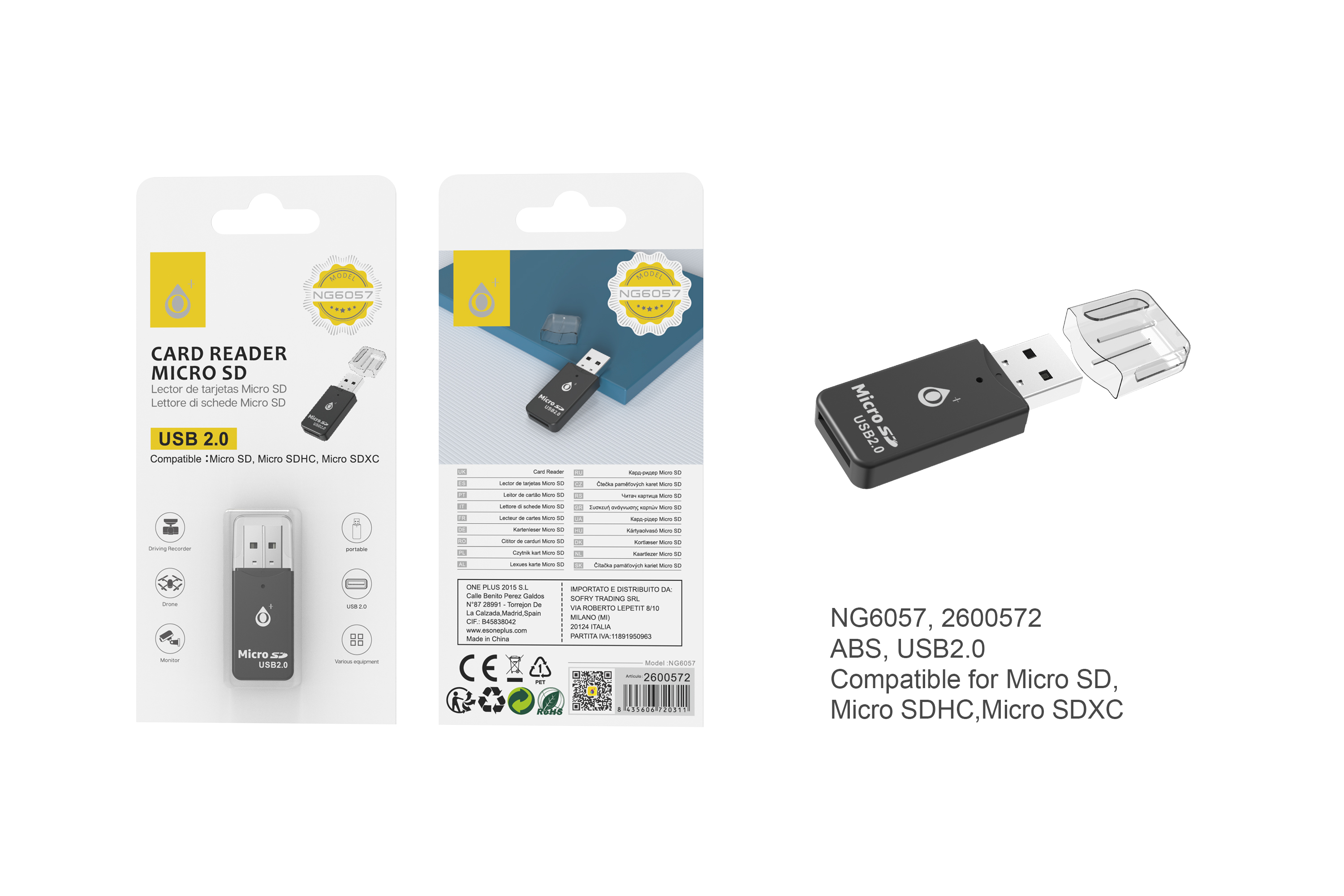NG6057 NE Lector de Tarjeta USB,  Para Tarjeta Micro SD, Compatible Micro SDHC,XC Negro