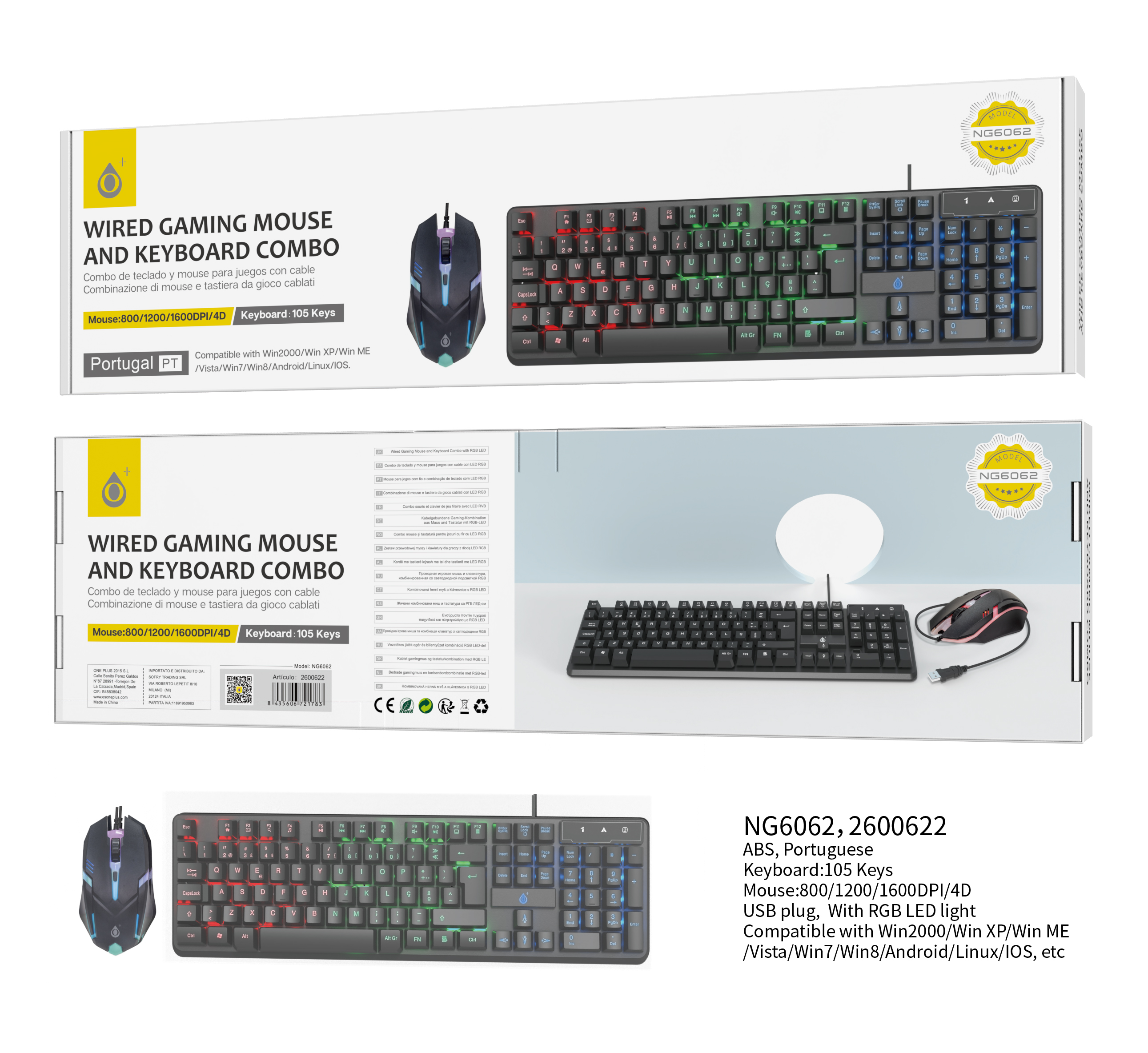 NG6062 NE Conjunto Teclado y Raton RGB Portugues, Con Teclado 105 Keys y Raton con Cable de 4D 800/1