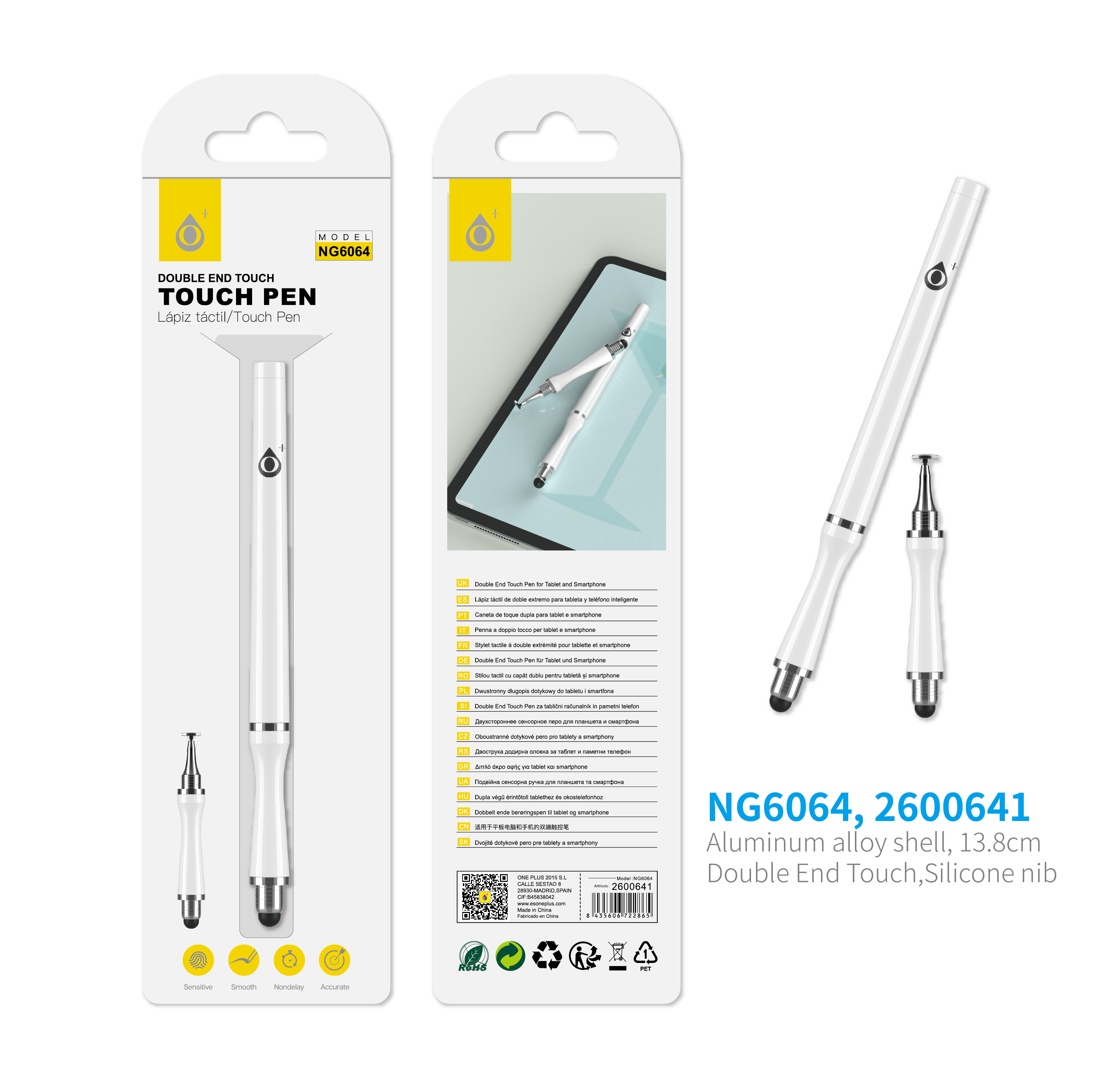 NG6064  BL Puntero Aluminio con doble punta Intercambiable  para movil y tablet ,Blanco