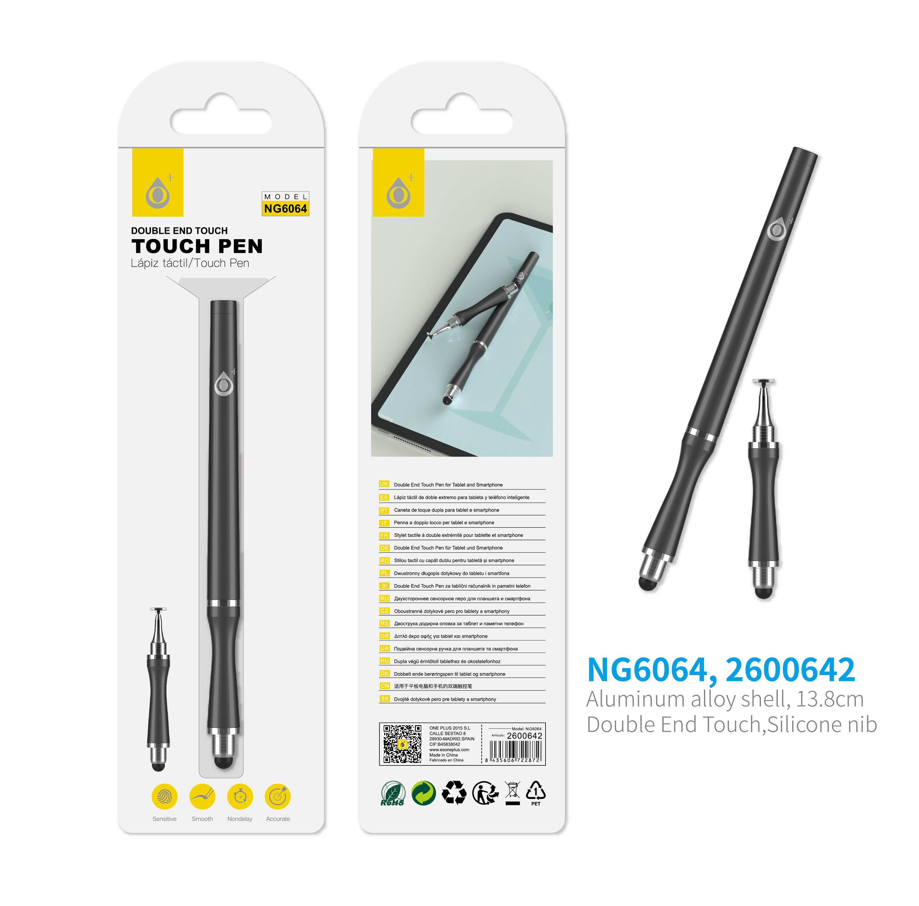 NG6064  NE Puntero Aluminio con doble punta Intercambiable  para movil y tablet ,Negro