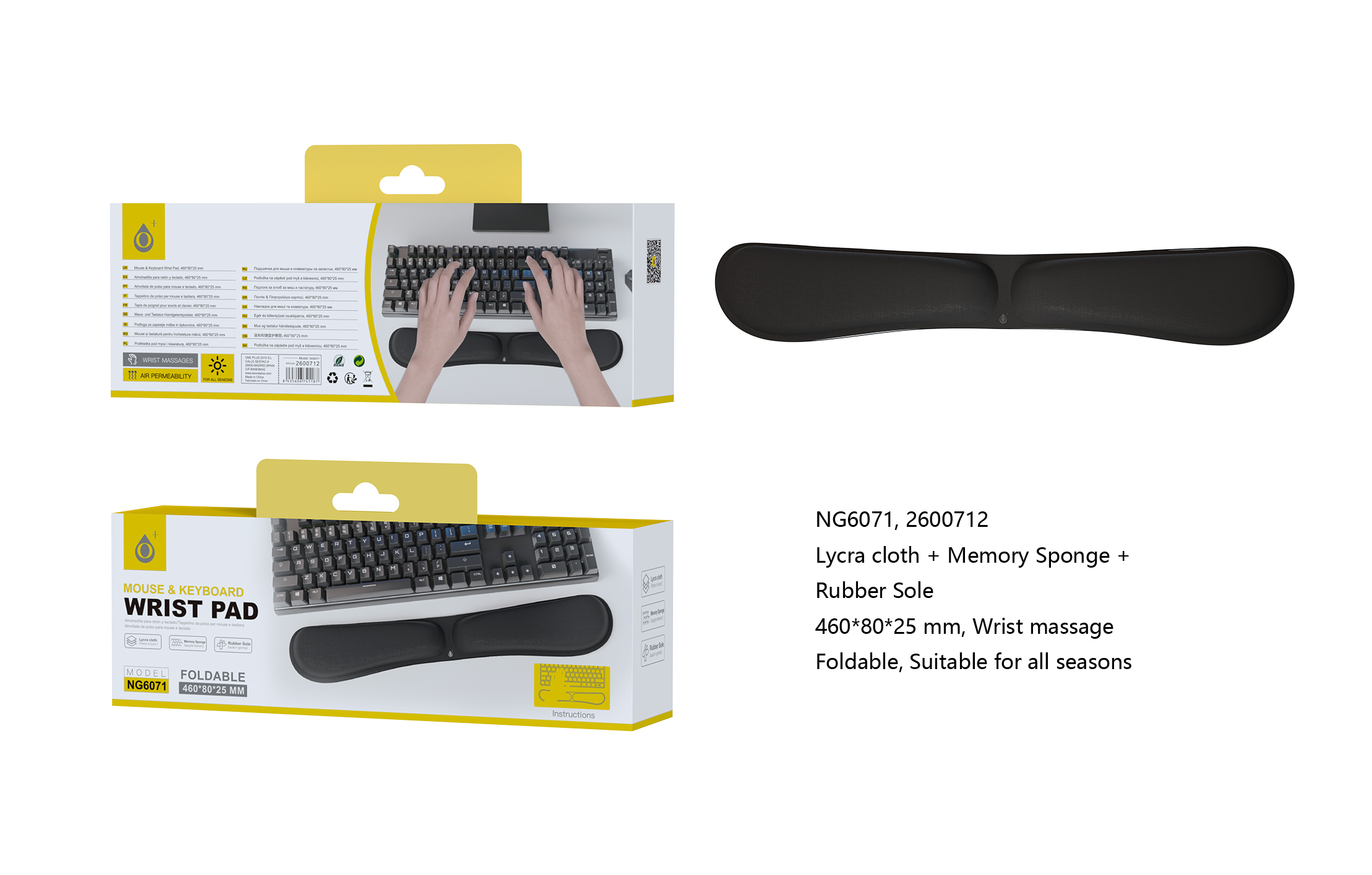 NG6071 NE ReposamuNecas Plegable para Teclado, Con espuma de Memoria, 460*80*25mm, Negro