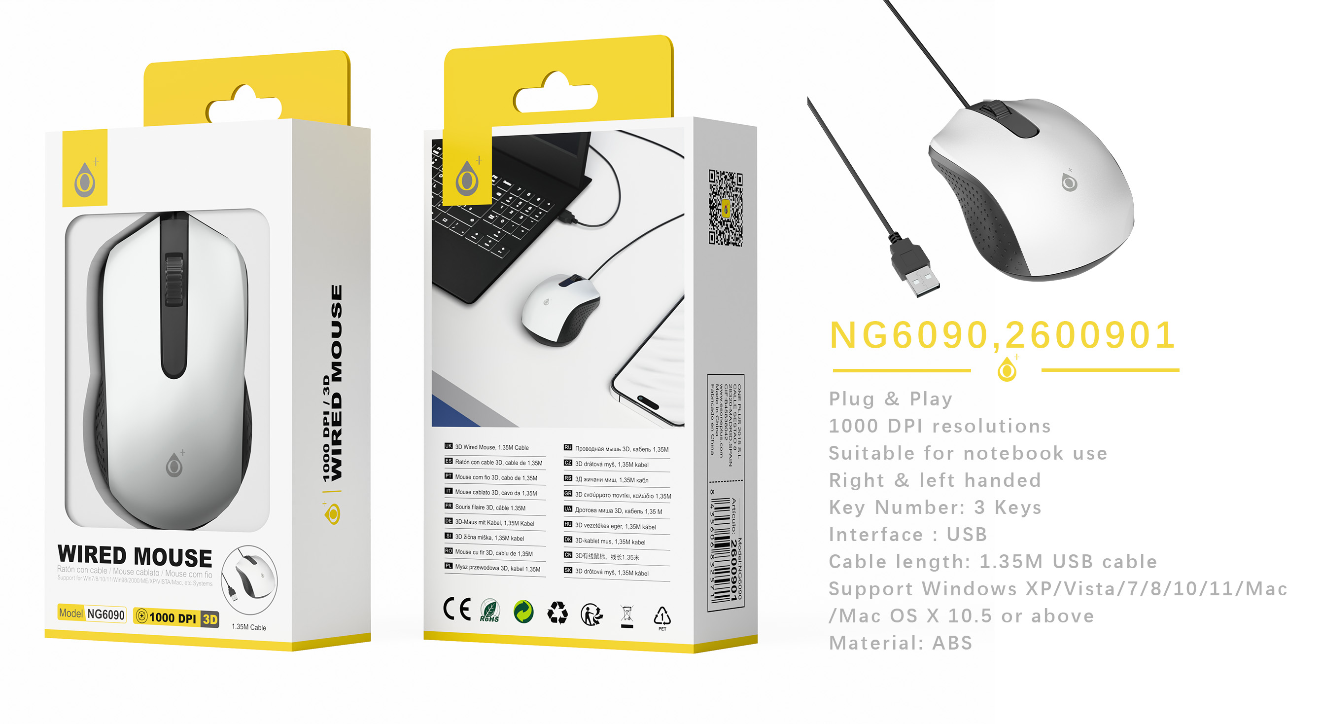 NG6090 BL Raton 3D con cable 1.35M, 1000 DPI, Blanco