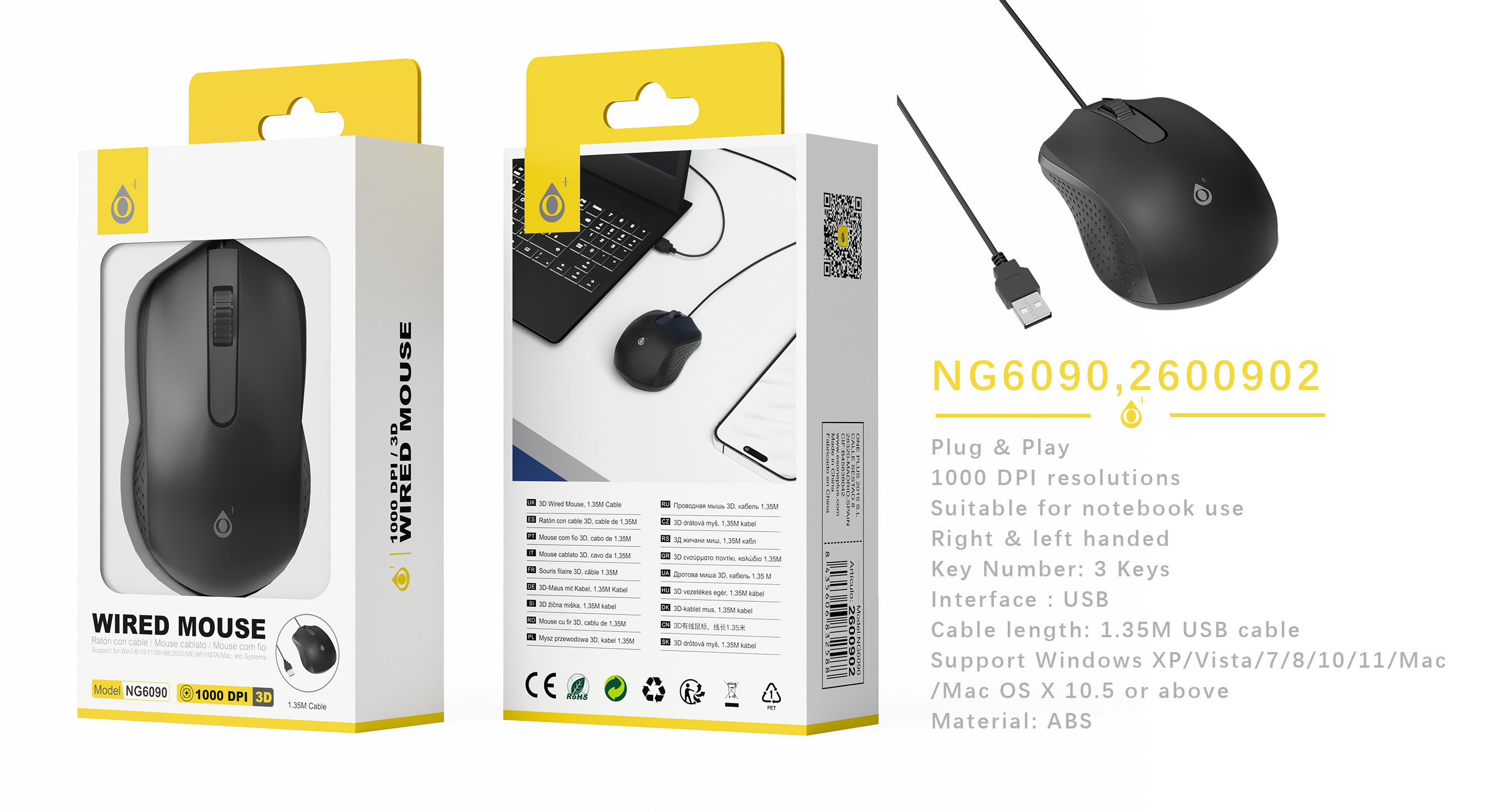 NG6090 NE Raton 3D con cable 1.35M, 1000 DPI, Negro