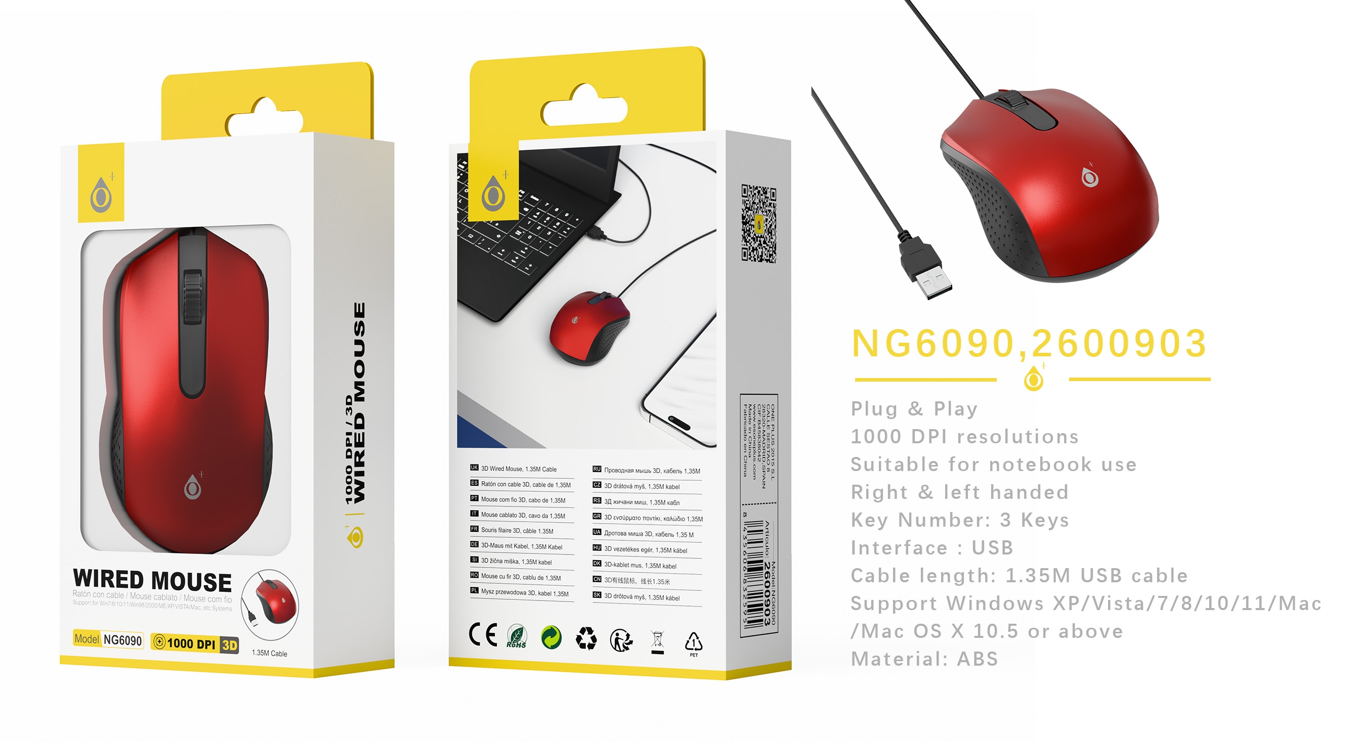 NG6090 RJ Raton 3D con cable 1.35M, 1000 DPI, Rojo