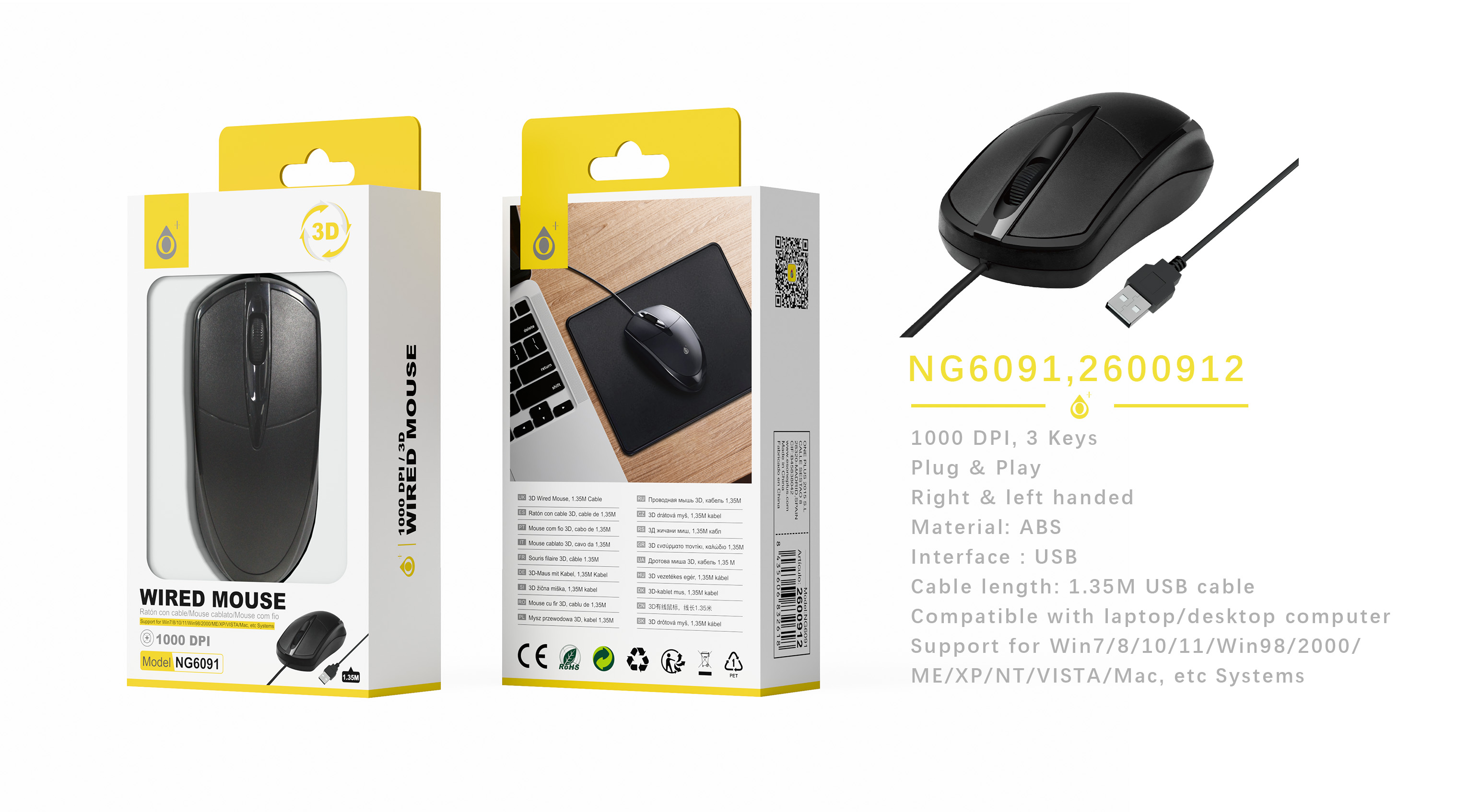 NG6091 NE Raton ambidiestro 3D/1000DPI con cable USB 1.35 metros, Negro