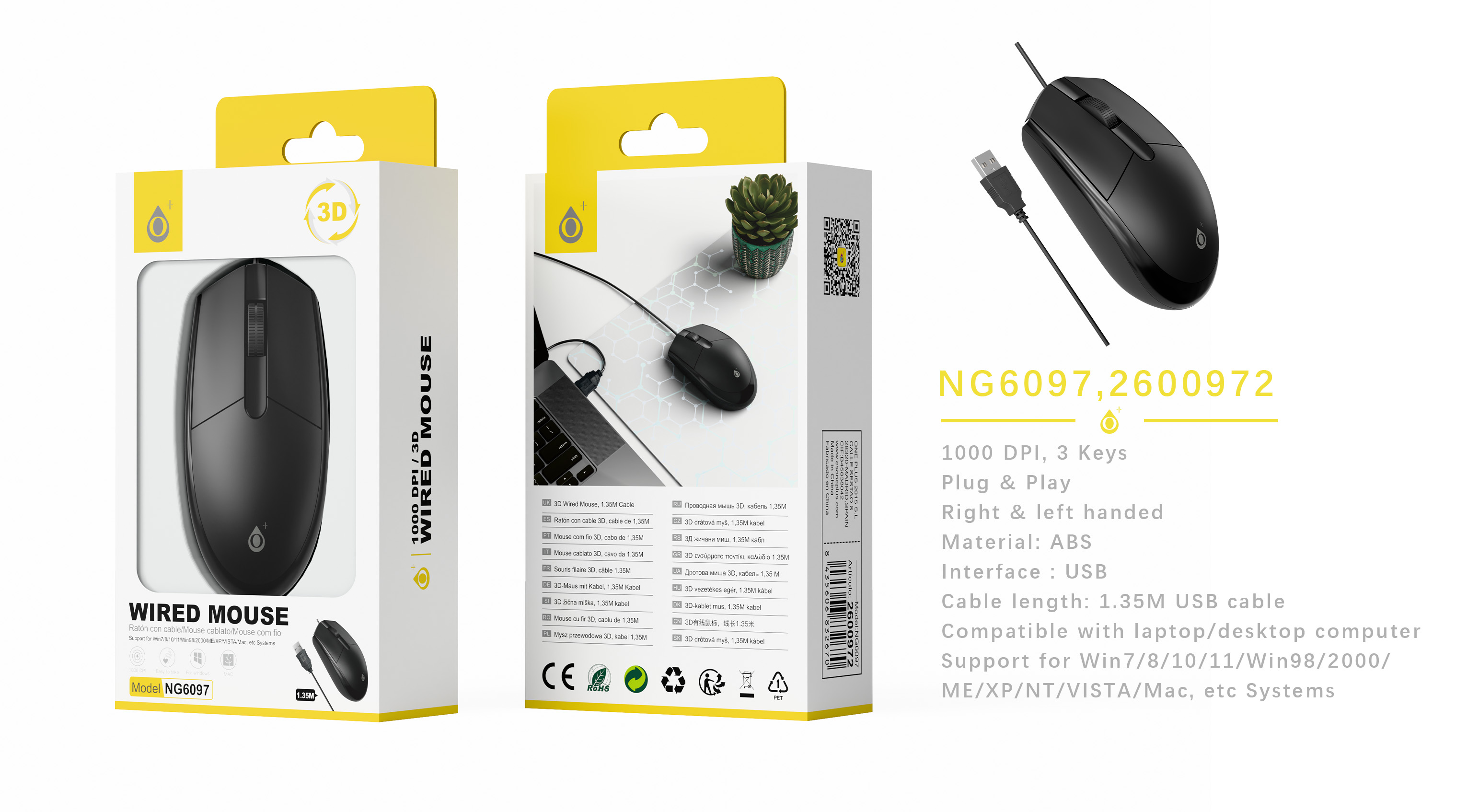 NG6097 NE Raton ambidiestro 3D/1000DPI con cable USB 1.35 metros, Negro