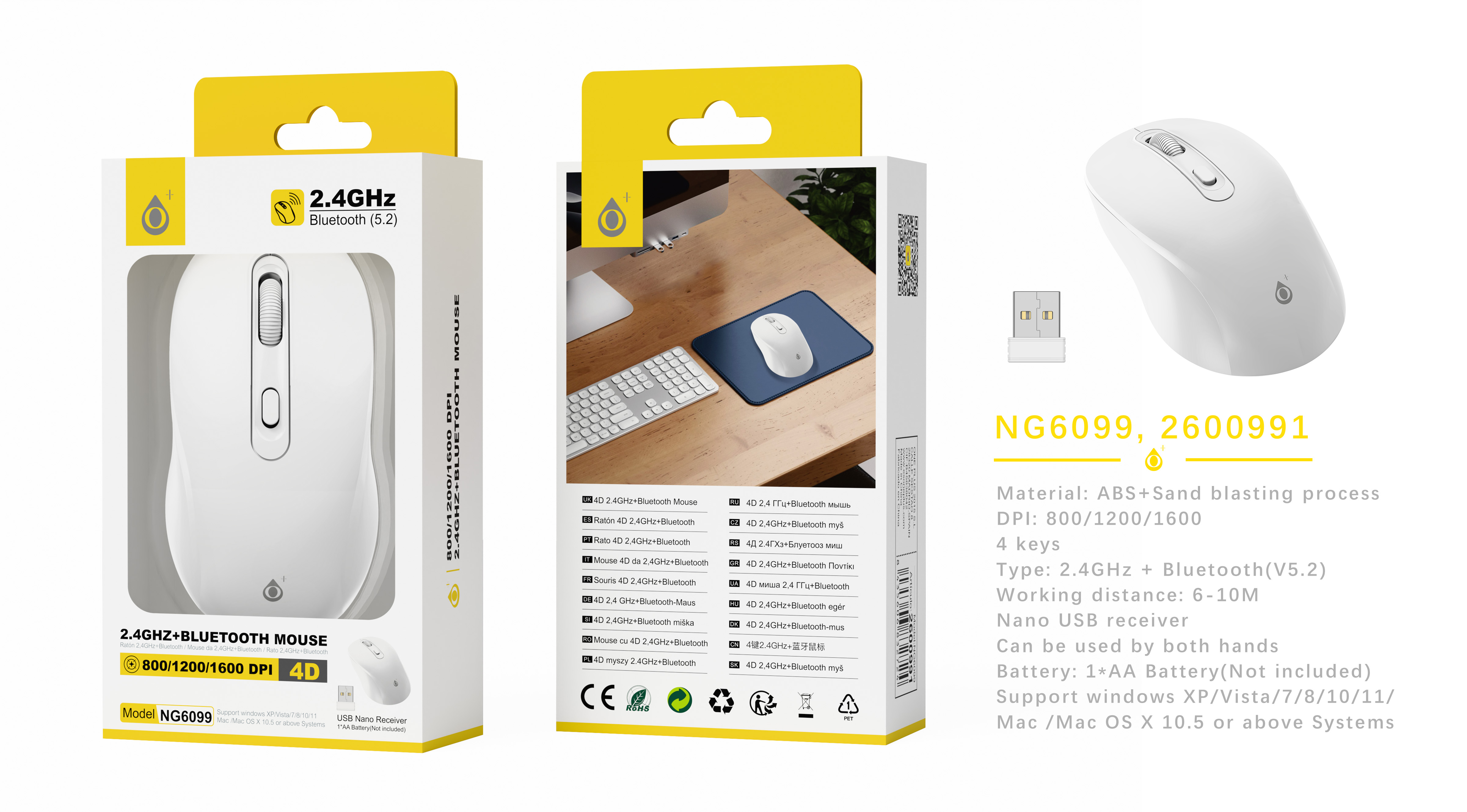 NG6099 BL Raton Inalambrico dual modo nano USB+BLUETOOTH 5.2 4D/800-1600DPI, Bateria AA*1 No incluid
