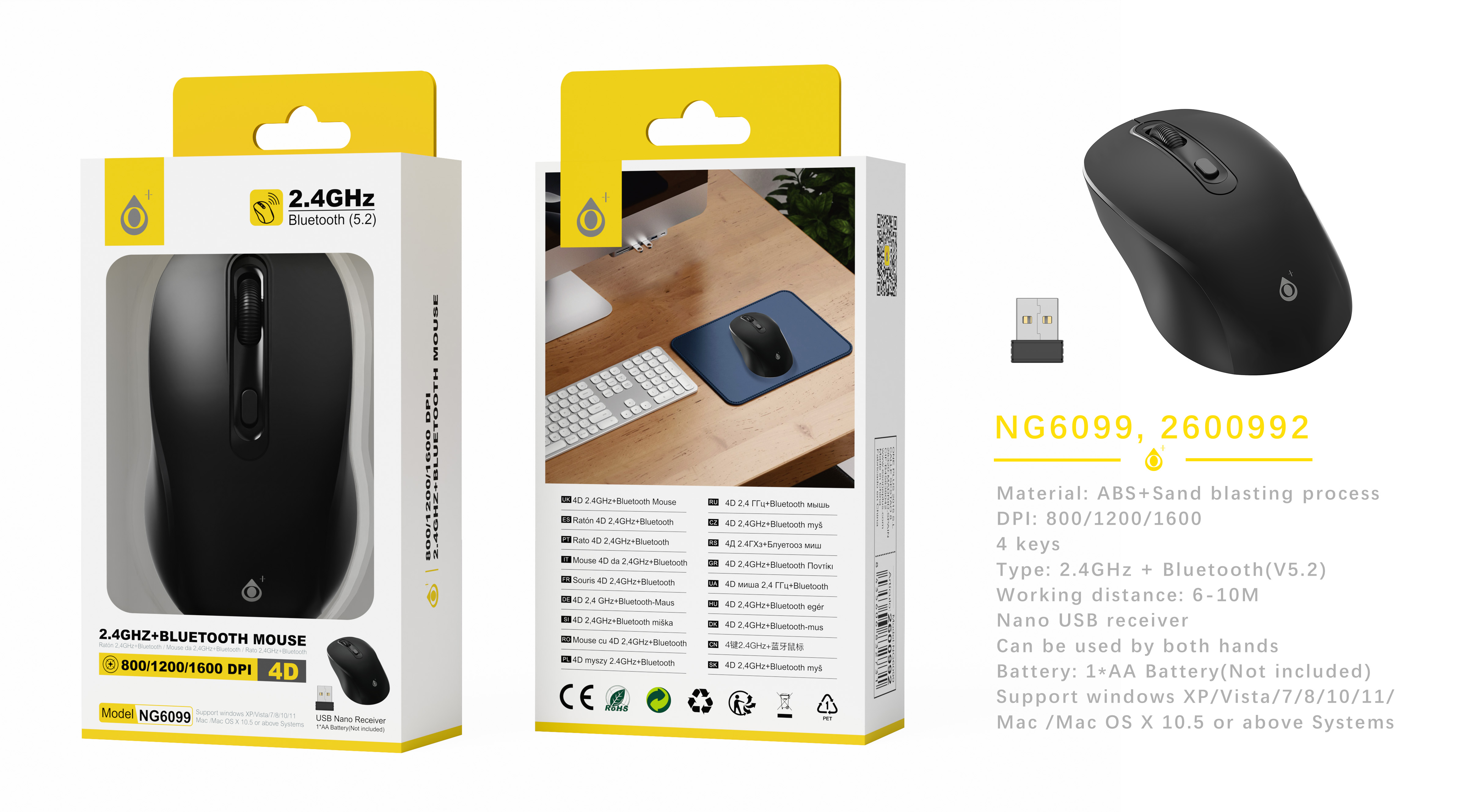 NG6099 NE Raton Inalambrico dual modo nano USB+BLUETOOTH 5.2 4D/800-1600DPI, Bateria AA*1 No incluid