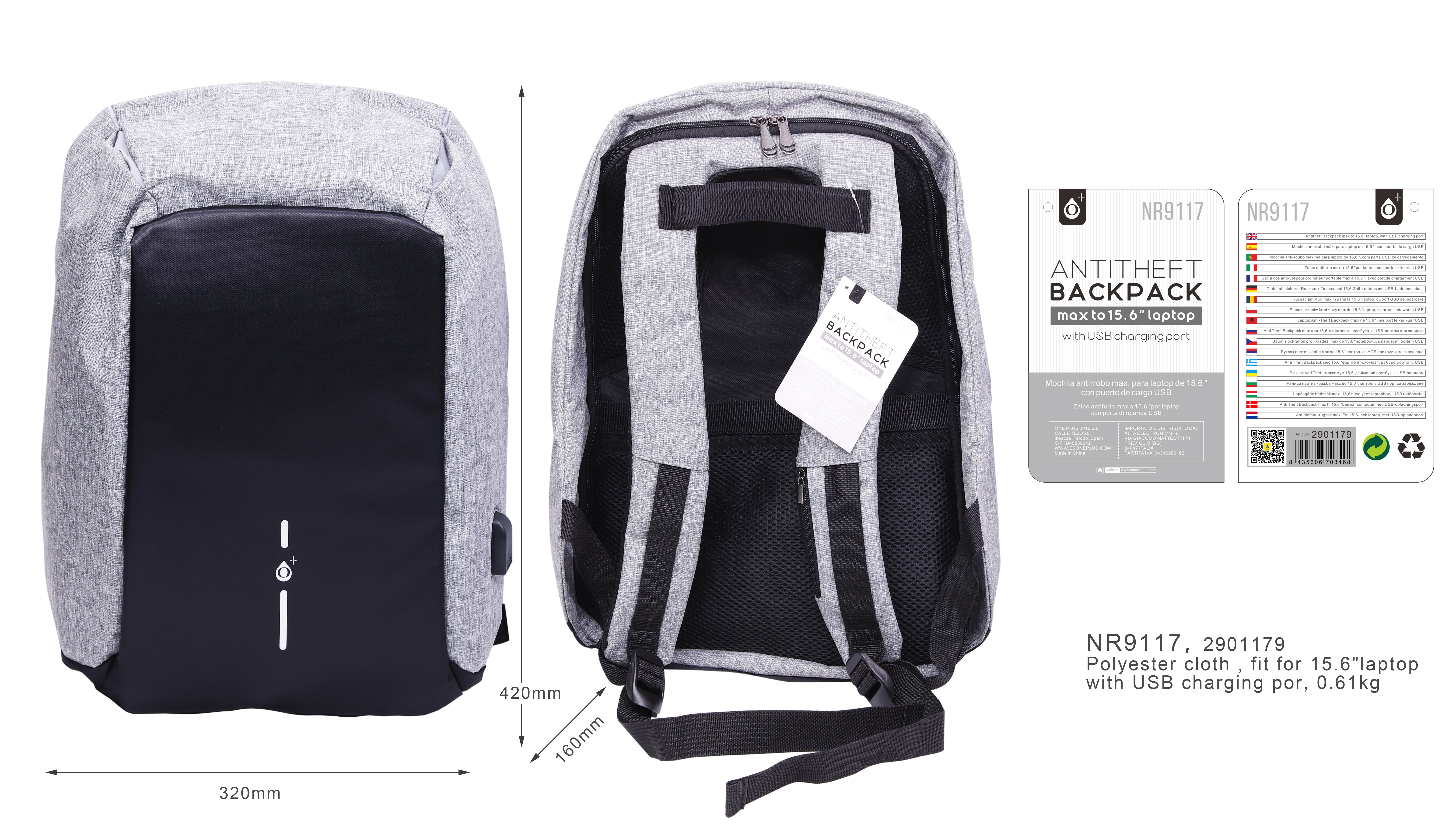 NR9117 GR Mochila Anti-Robo con Puerto de Carga, Tama?o para Portatiles de 15,6" Max, peso 0,61kg, Gris