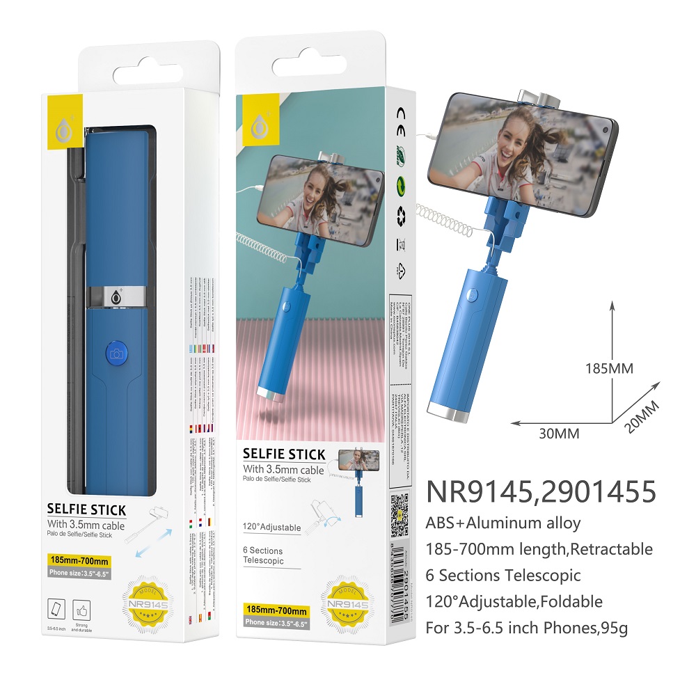 NR9145 AZ Palo Selfie Universal con Cable de Jack 3.5mm, Compatible con Moviles de 3.5 - 6.5 Pulgadas, Longitud de 18.5cm-70cm, Azul