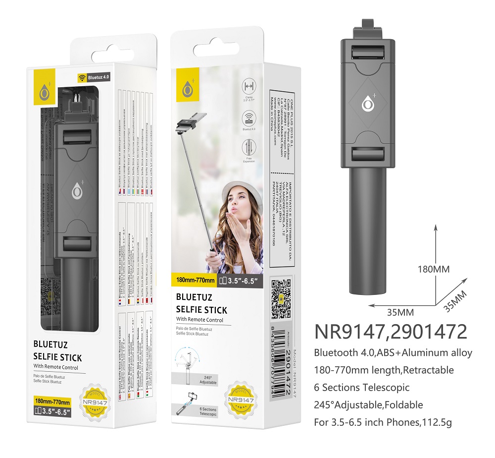 NR9147 NE Palo Selfie Bluetooth con mando, Compatible con Moviles de 3.5 - 6.5 Pulgadas, Longitud de 18cm-77cm, Negro