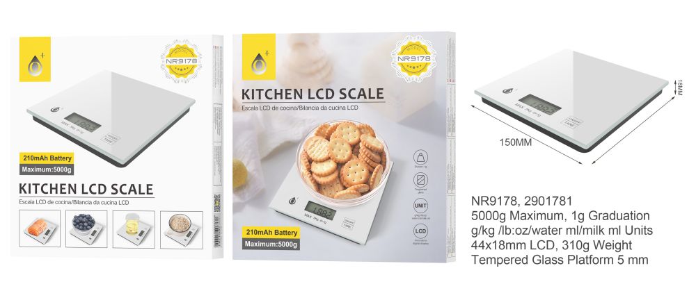 NR9178  BL Bascula de Cocina con Pantalla LDC, Plataforma de Vidrio Templado, Capacidad Max.5000g (M