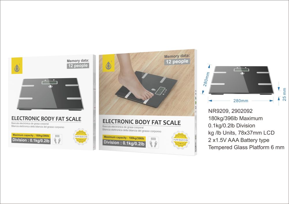 NR9209 NE Bascula de Grasa Corporal, Max 180kg/lb, Max desviacion 0,1kg/0,1lb, Pantalla LCD, 2xAAA N