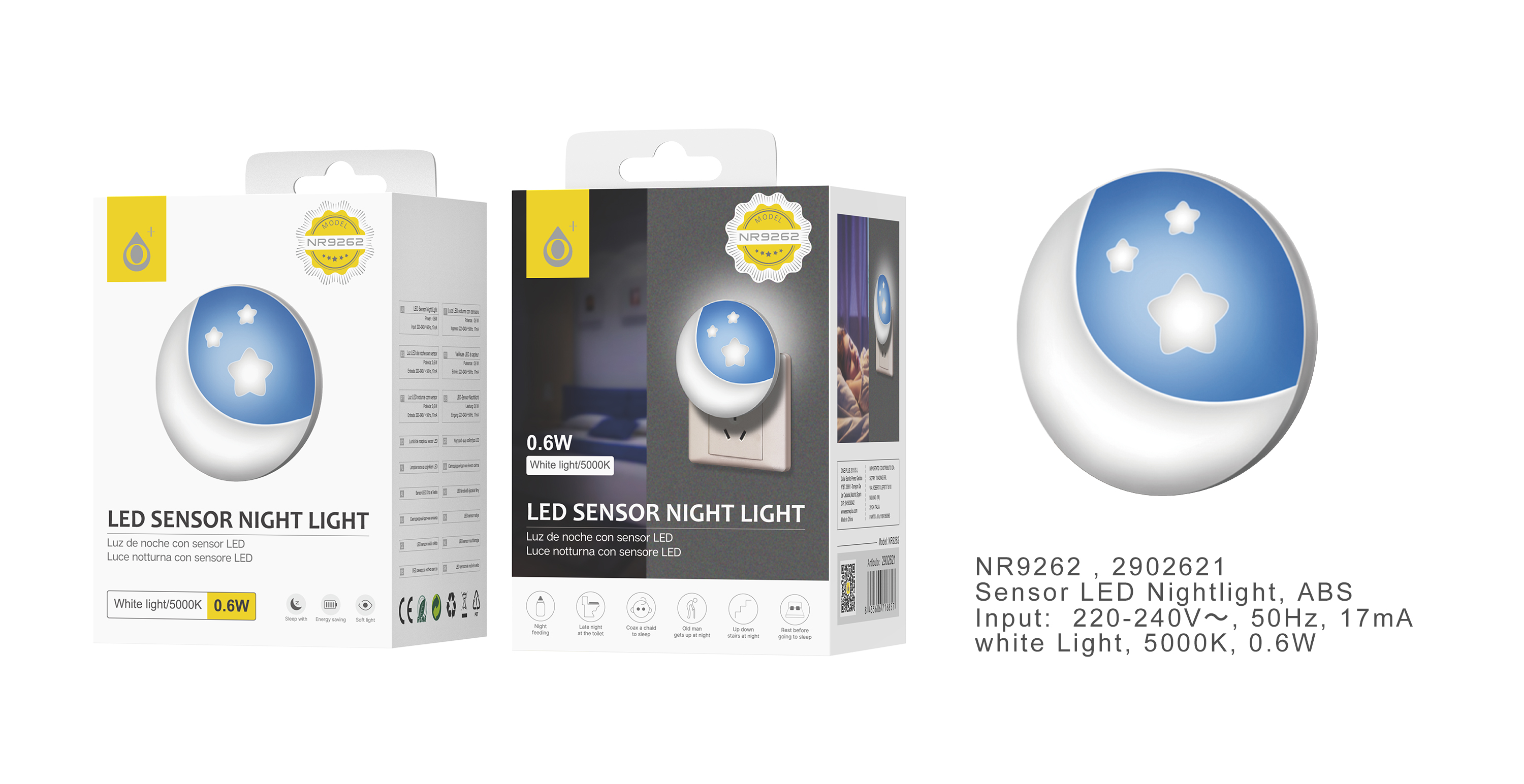 NR9262 BL Luz nocturna con sensor de LED 0.6W, Blanco