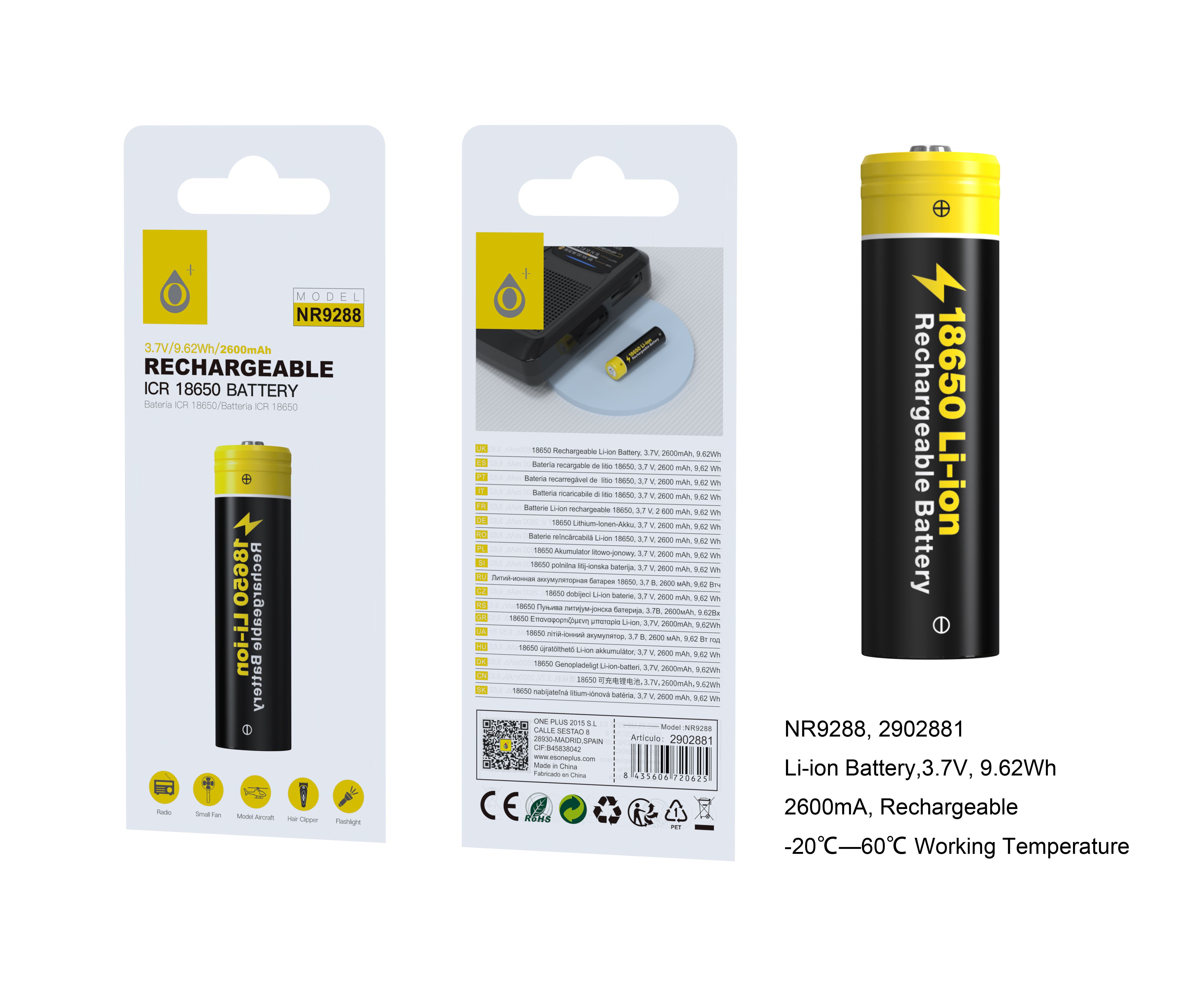 NR9288 NE Bateria de Litio Recargable 18650   2600mah 3.7V,Negro