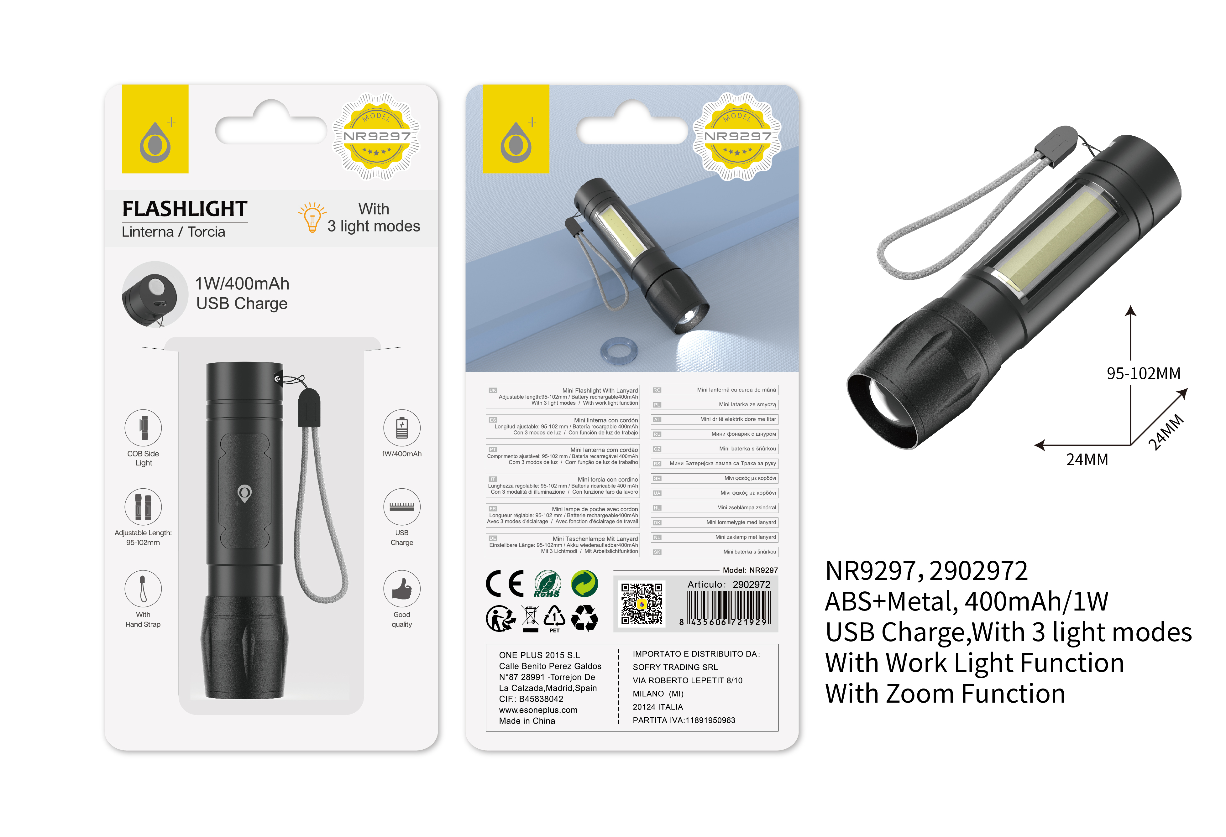 NR9297 NE,  Linterna USB con correa para la muñeca  3 Modos de Luz,bateria 409MAh  Largo 10,2cm, Neg