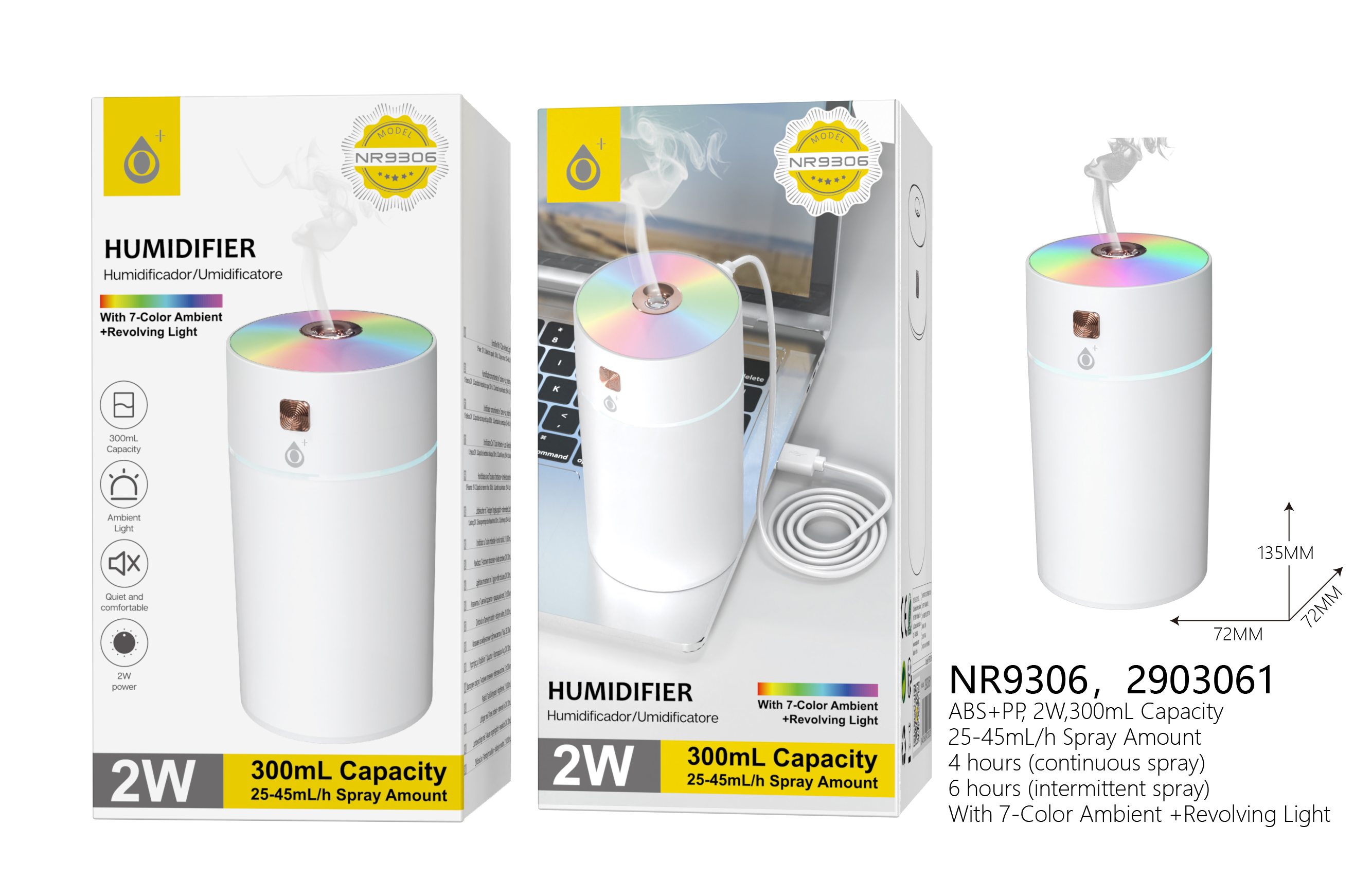 NR9306 BL Humificante  Aroma Air  Luz Ambiental 7 color ,Capacidad 300ML ,25-45ml/H , 2W, Blanco