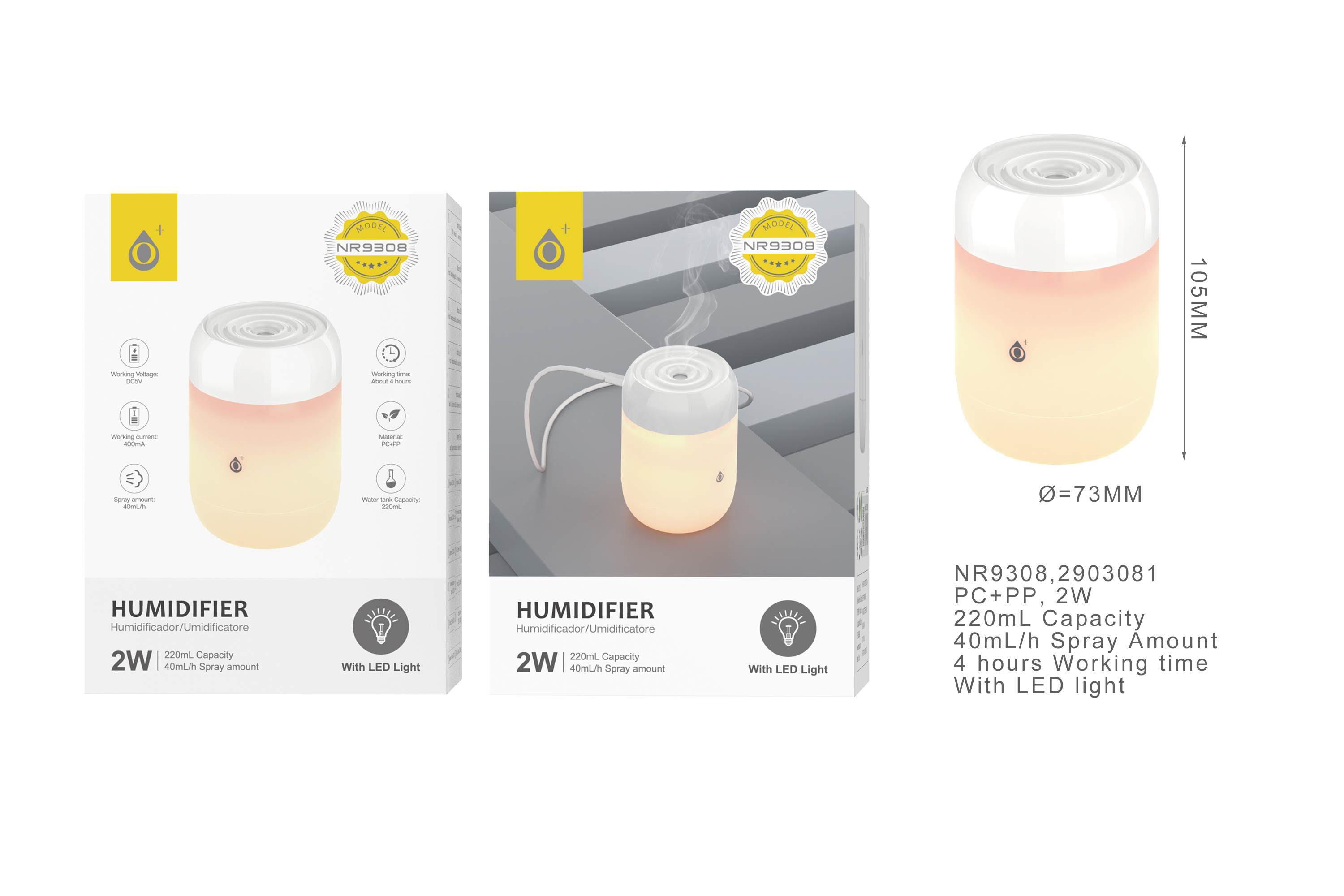 NR9308 BL  Humidificador  Aroma Air luz Led ,220ML , 40ml/H,2W, Blanco