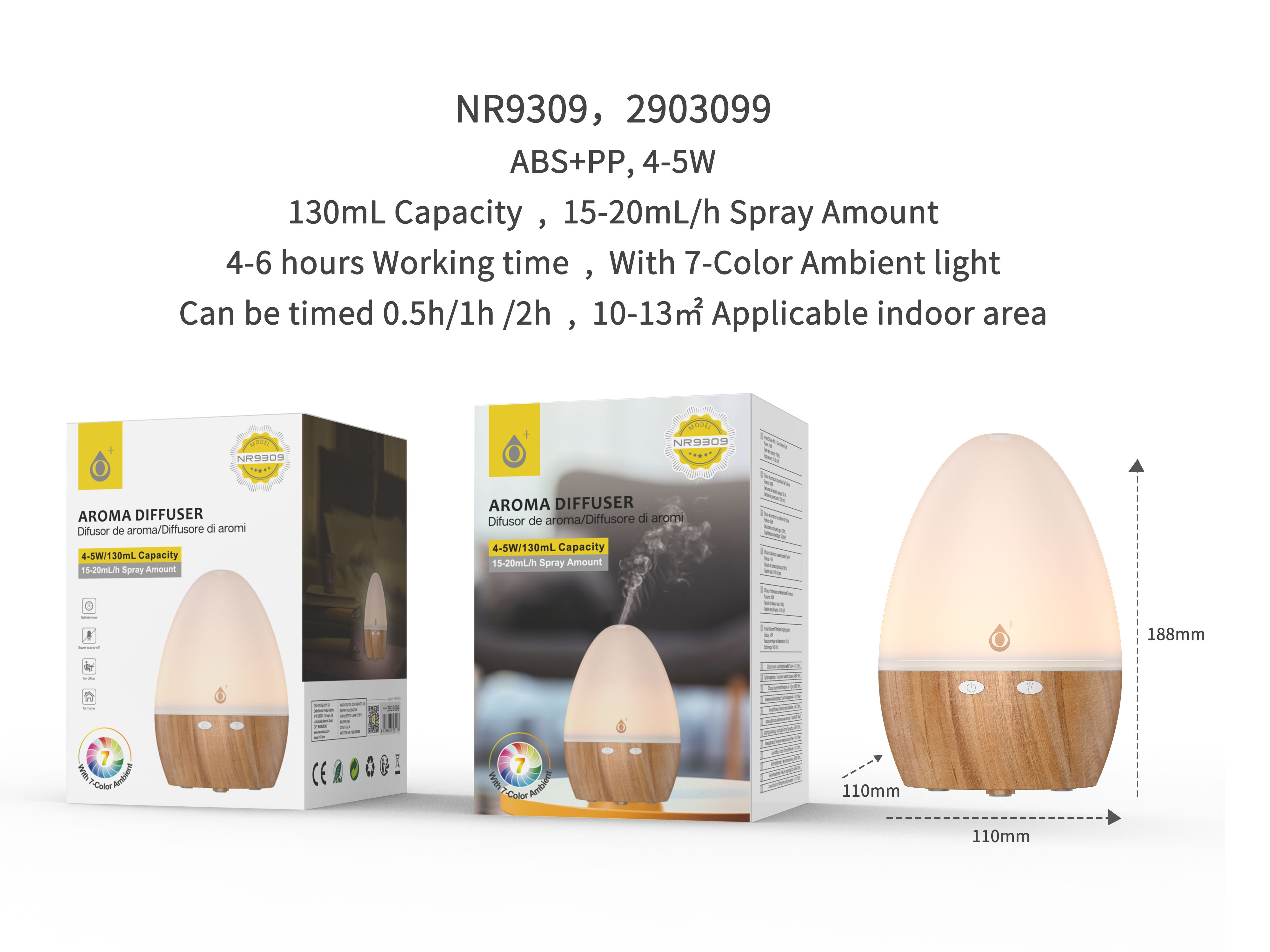 NR9309 MA Difusor  Aroma Air con Luz Ambiental 7 color ,  Temporizador hasta 2 Horas,Capacidad 130mL