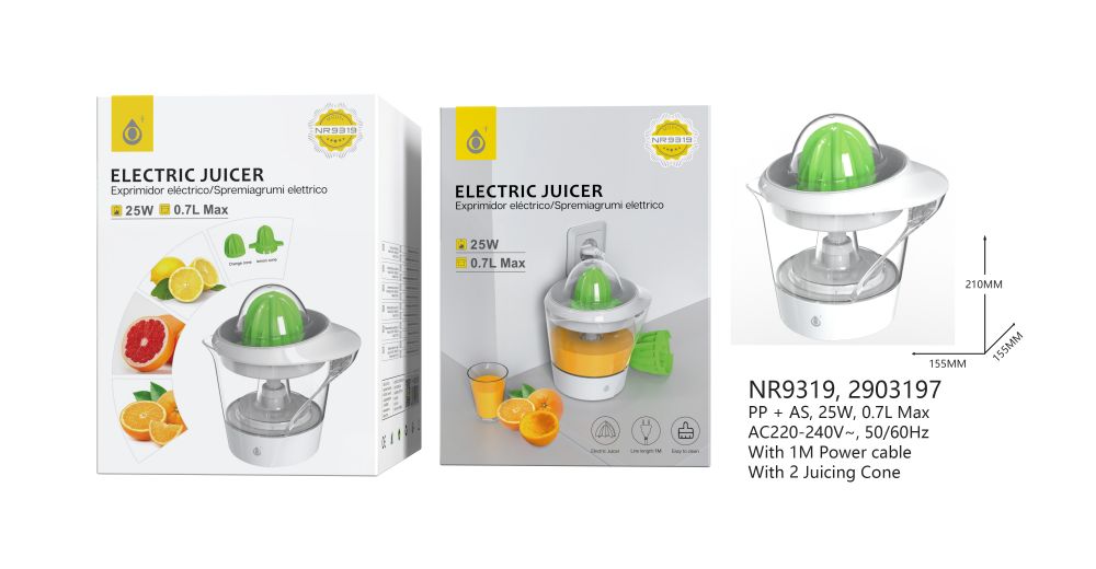 NR9319 BL+VE Exprimidor Electrico,Capacidad 0.7 Litro,con 2 Conos,25W ,Cable 1M,Blanco+Verde