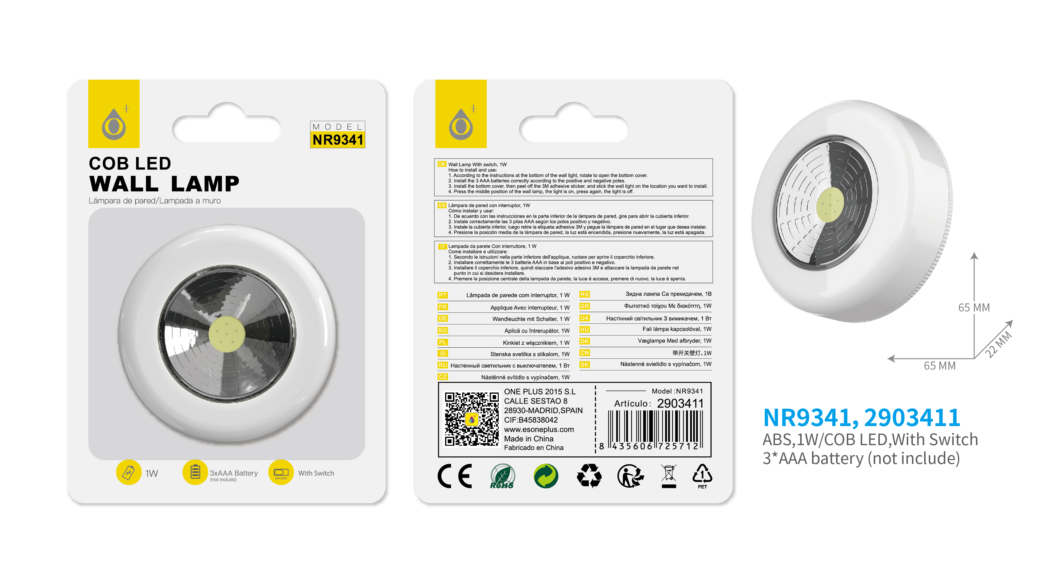 NR9341 BL Lampara LED con luz lateral,  de Pared,con interruptor ON/OFF 1W, Bateria 3*AAA(No incluye ), Blanco