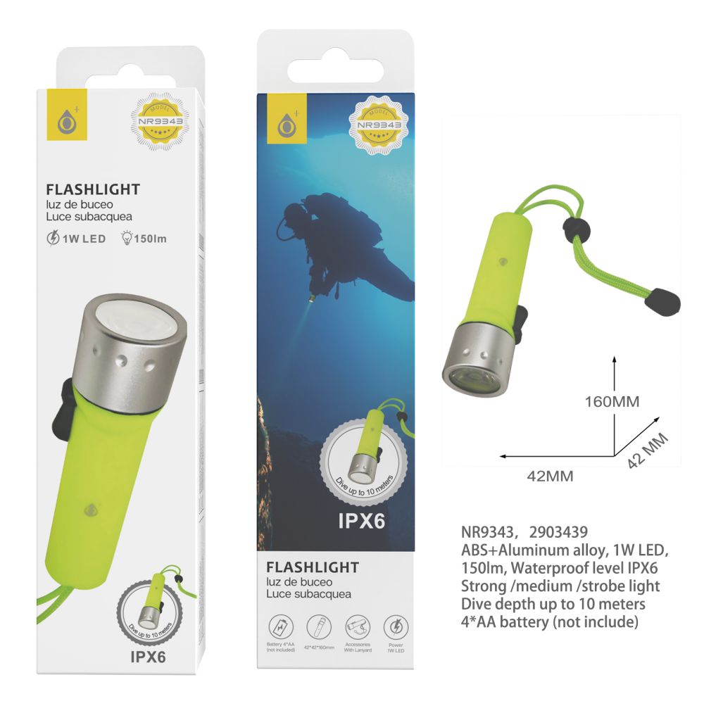 NR9343 AM Linterna LED de Buceo,Resistencia al agua IPX6,profundidad maxima de 10m,1W 150LM,Bateria 4*AA(No incluye),Amarillo