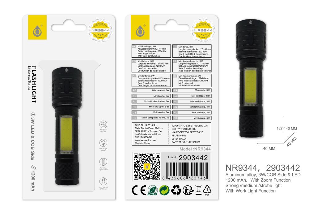 NR9344 NE Linterna LED con luz  lateral,con funcion Zoom y trabajo,3 modos luz(Fuerte,medio y estroboscopica), Bateria Recargable 1200mAh,Negro