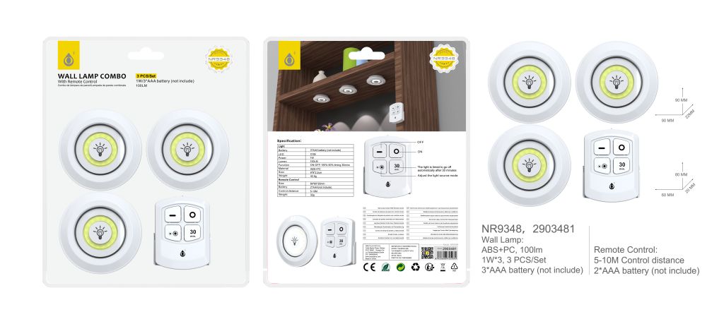 NR9348 BL Conjuntos de  Lampara LED  100LM 1W con  control  Remoto, Bateria 3*AAA(NO incluye),Blanco