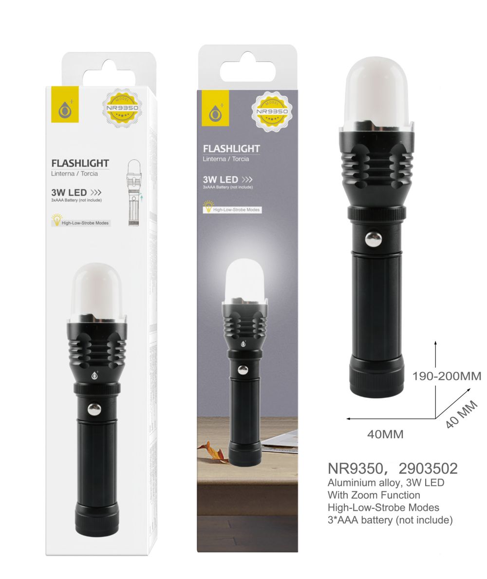 NR9350 NE Linterna LED de aluminio con funcion Zoom,3 modos de luz (Fuerte,bajo y estroboscopica),  3W Bateria 3*AAA(No incluye), Negro