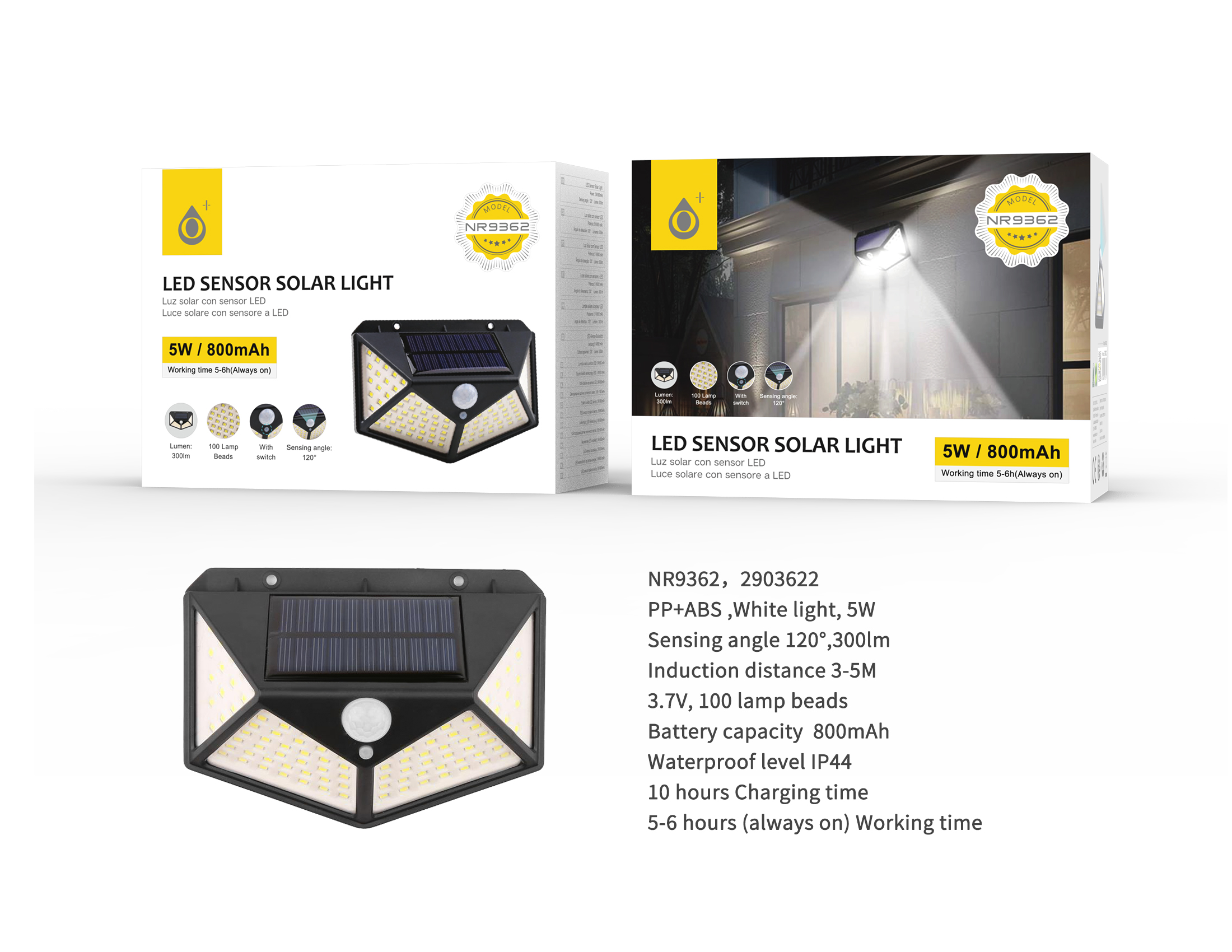 NR9362 NE Lampara solar  LED con 100 luces para exterior, con sensor de movimiento 3-5m, Angulo de  120°,IP44,5W/800mAh/3.7v/300lumen, Negro