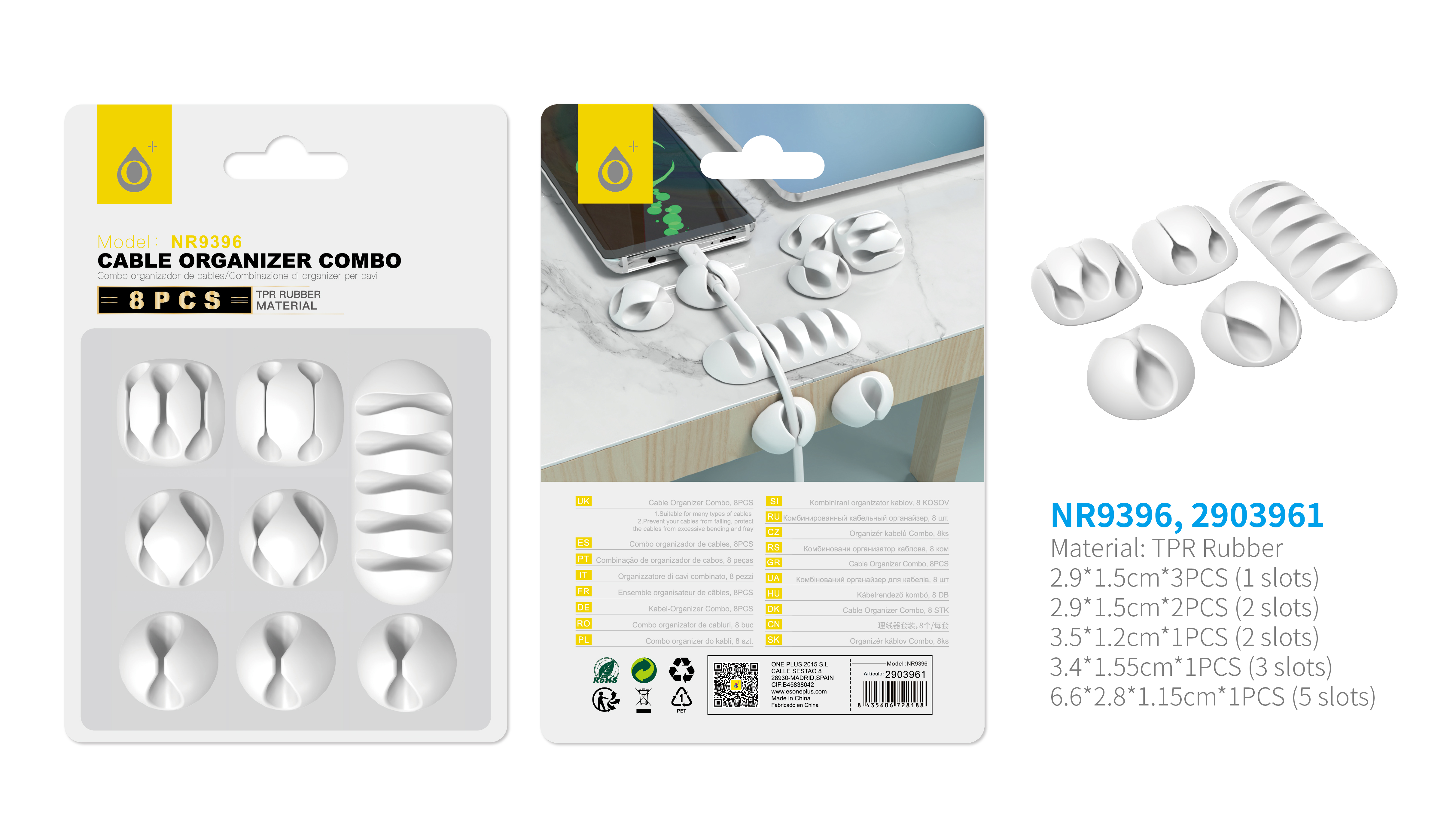 NR9396 BL  Organizador Silicona de Cables  8pcs, Blanco