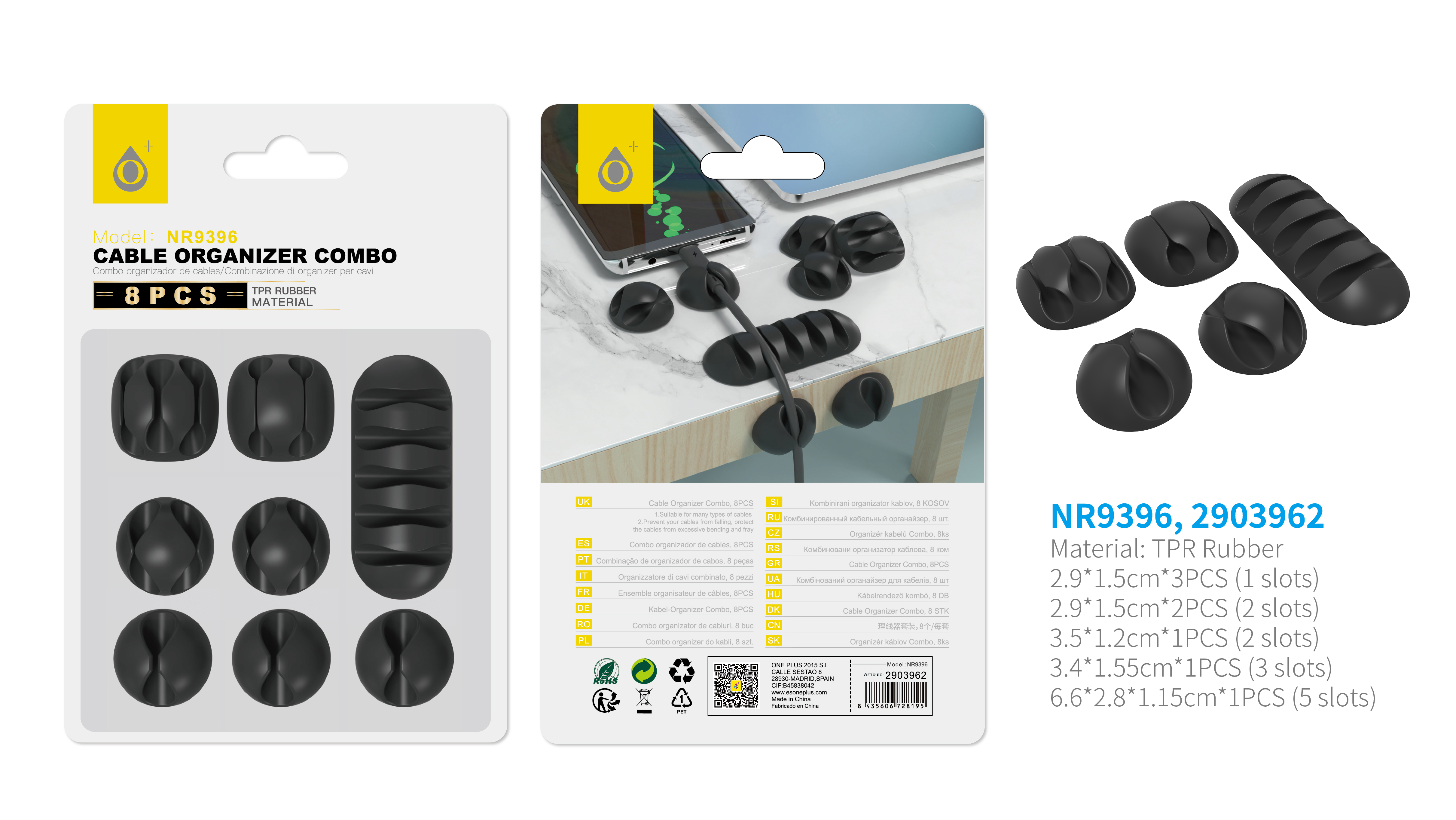 NR9396 NE  Organizador Silicona de Cables  8pcs, Negro