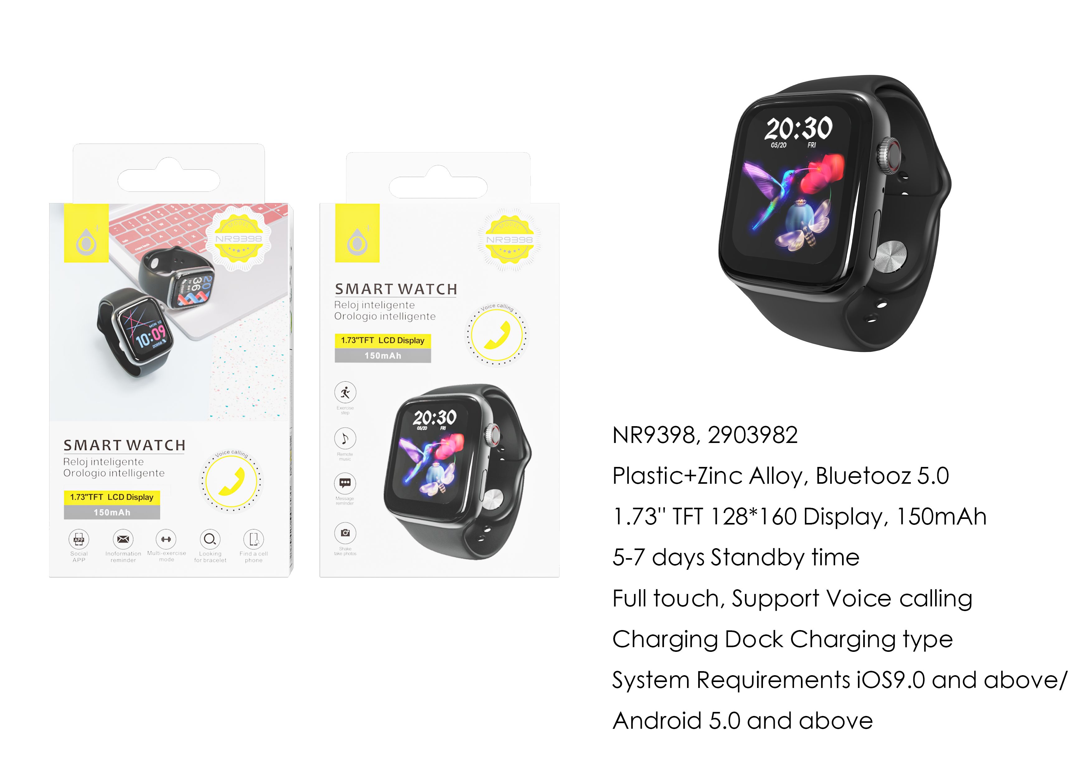 NR9398  NE Reloj Inteligente bluetooth 5.0 con Pantalla tactil TFT de 1.73 pulgada, Permite llamada,Bateria 150mAh,Requiere Andriod5.0+/iOS 9.0+, Negr