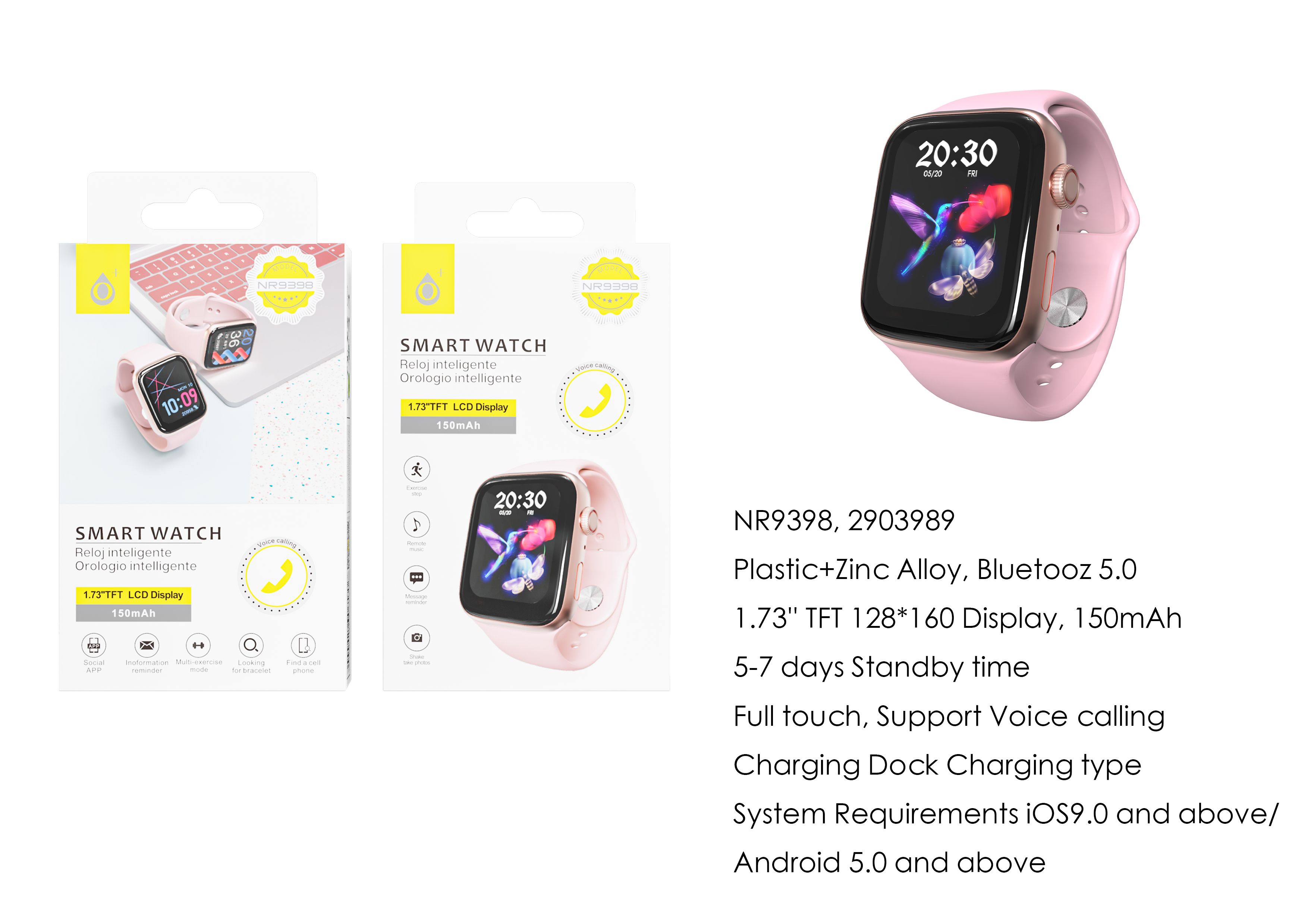 NR9398  OR Reloj Inteligente bluetooth 5.0 con Pantalla tactil TFT de 1.73 pulgada, Permite llamada,Bateria 150mAh,Requiere Andriod5.0+/iOS 9.0+, Oro