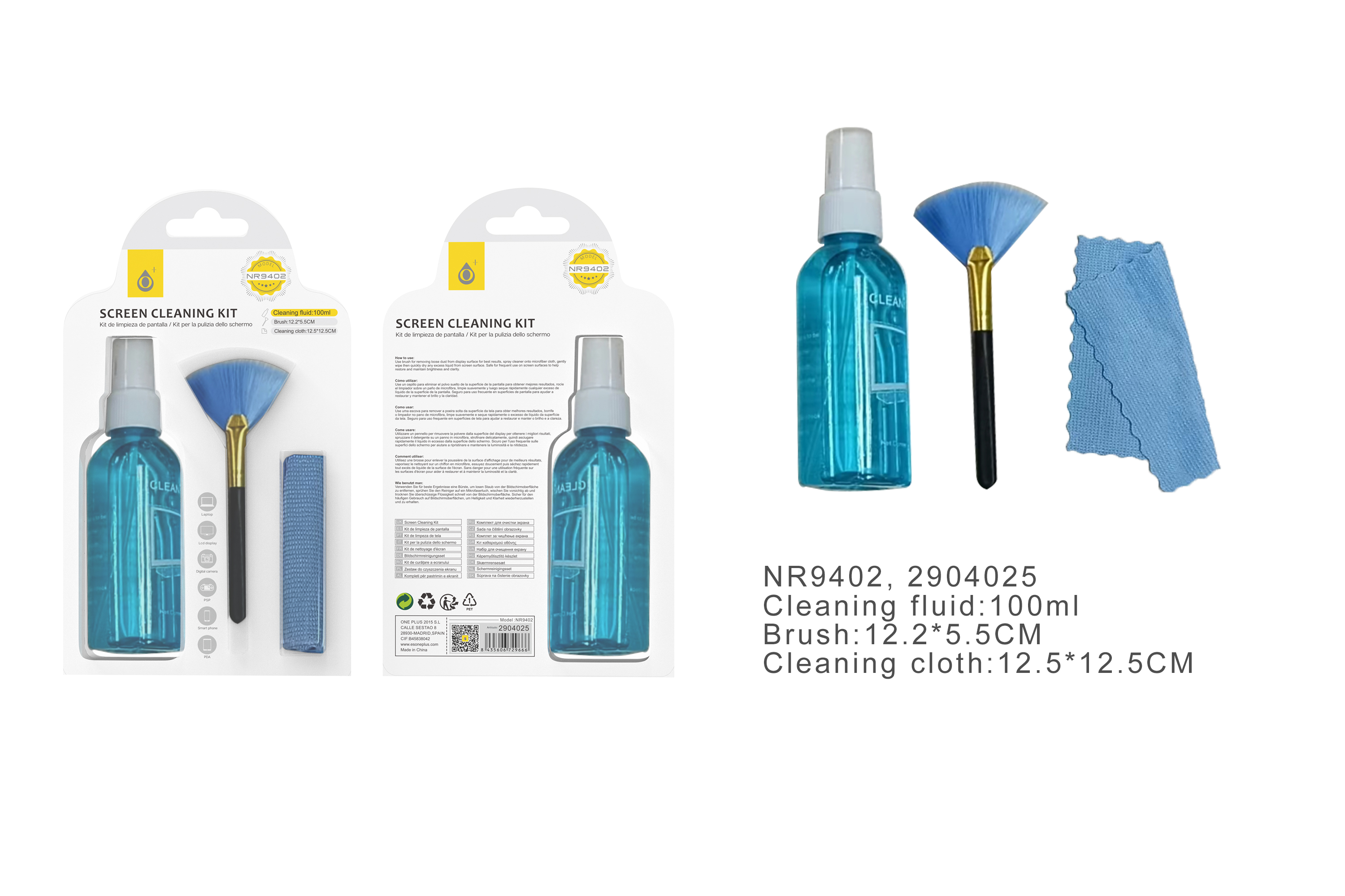 NR9402 Kit de limpieza para pantalla(Liquido de limpieza, Cepillo, toalla)